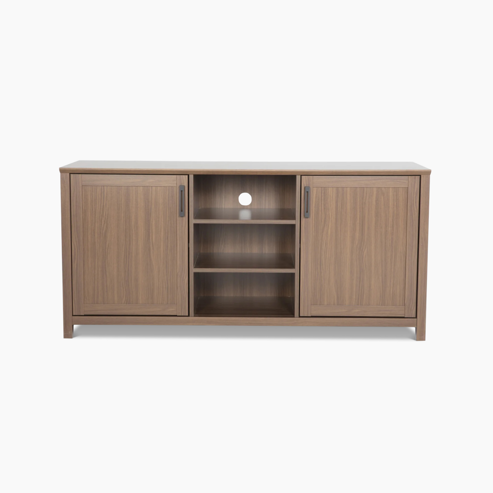 Modern Emory Media Console featuring gunmetal hardware and rear-facing cord cutouts for seamless media setup.