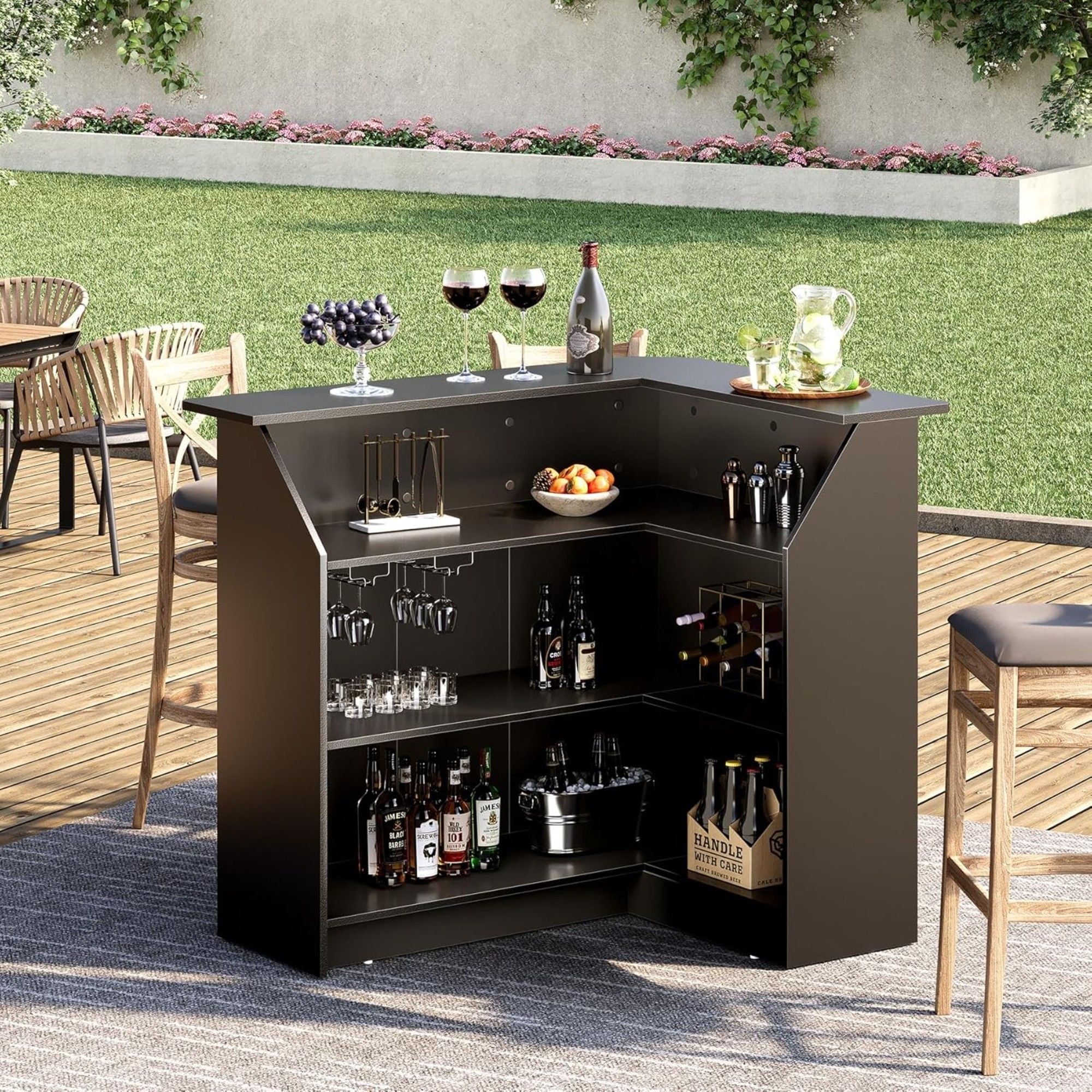 L-Shaped Home Bar Cabinet With Stemware Racks, 4 Tier Corner Unit, Liquor Wine Bar Table & Reception Desk For Home Pub - Black