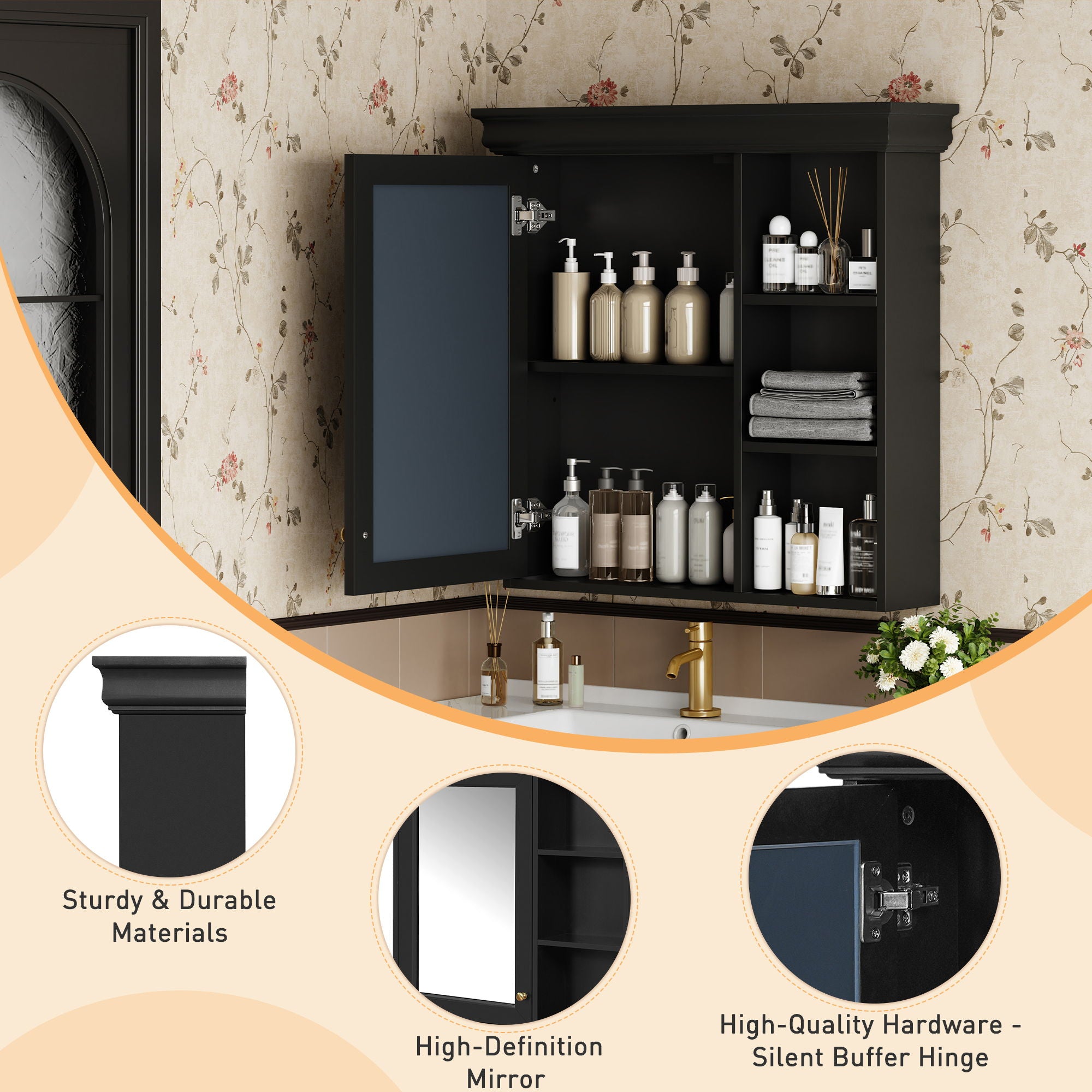 Wall Mounted Bathroom Medicine Cabinet With Mirror And Adjustable Storage With Soft Close Hinges