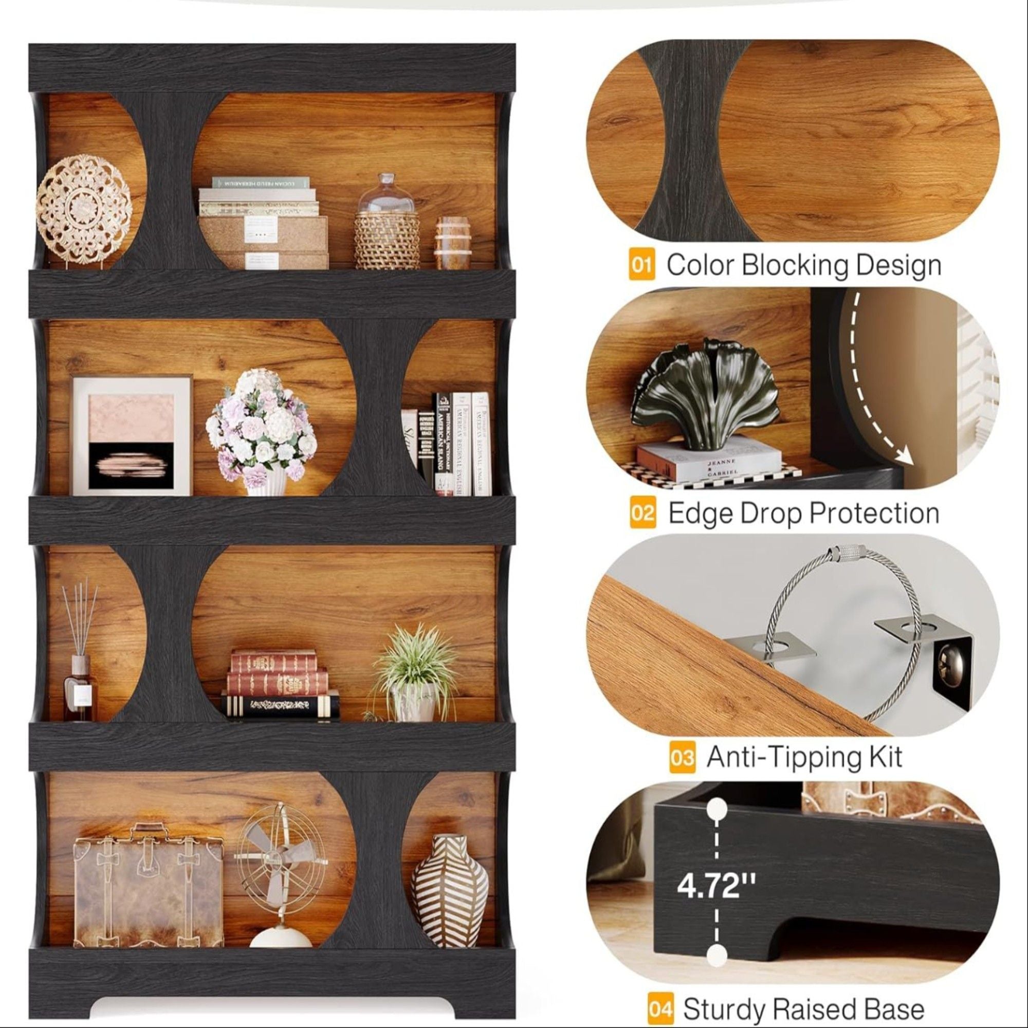 4 Tier S-Shaped Freestanding Storage Shelf For Living Room - Black / Brown