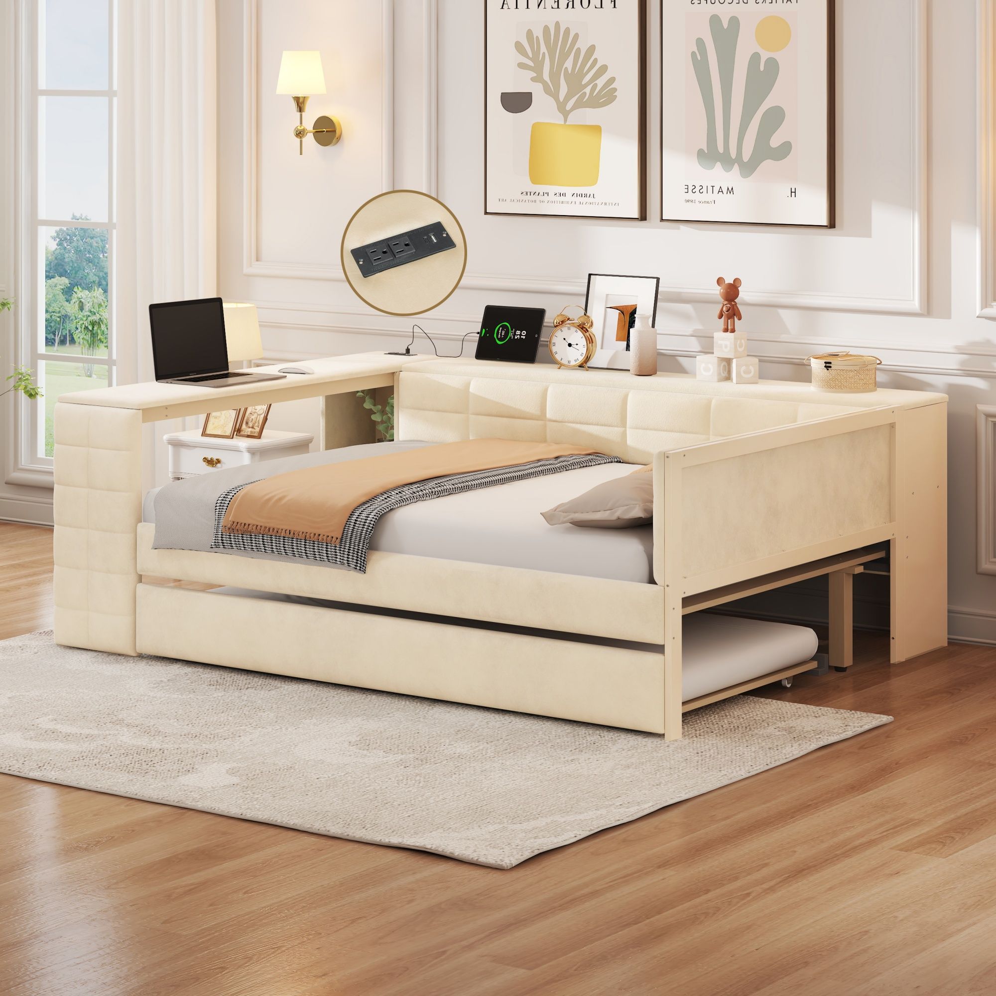 Upholstered Platform Bed With Storage Shelves, Desk, Charging Station And Trundle