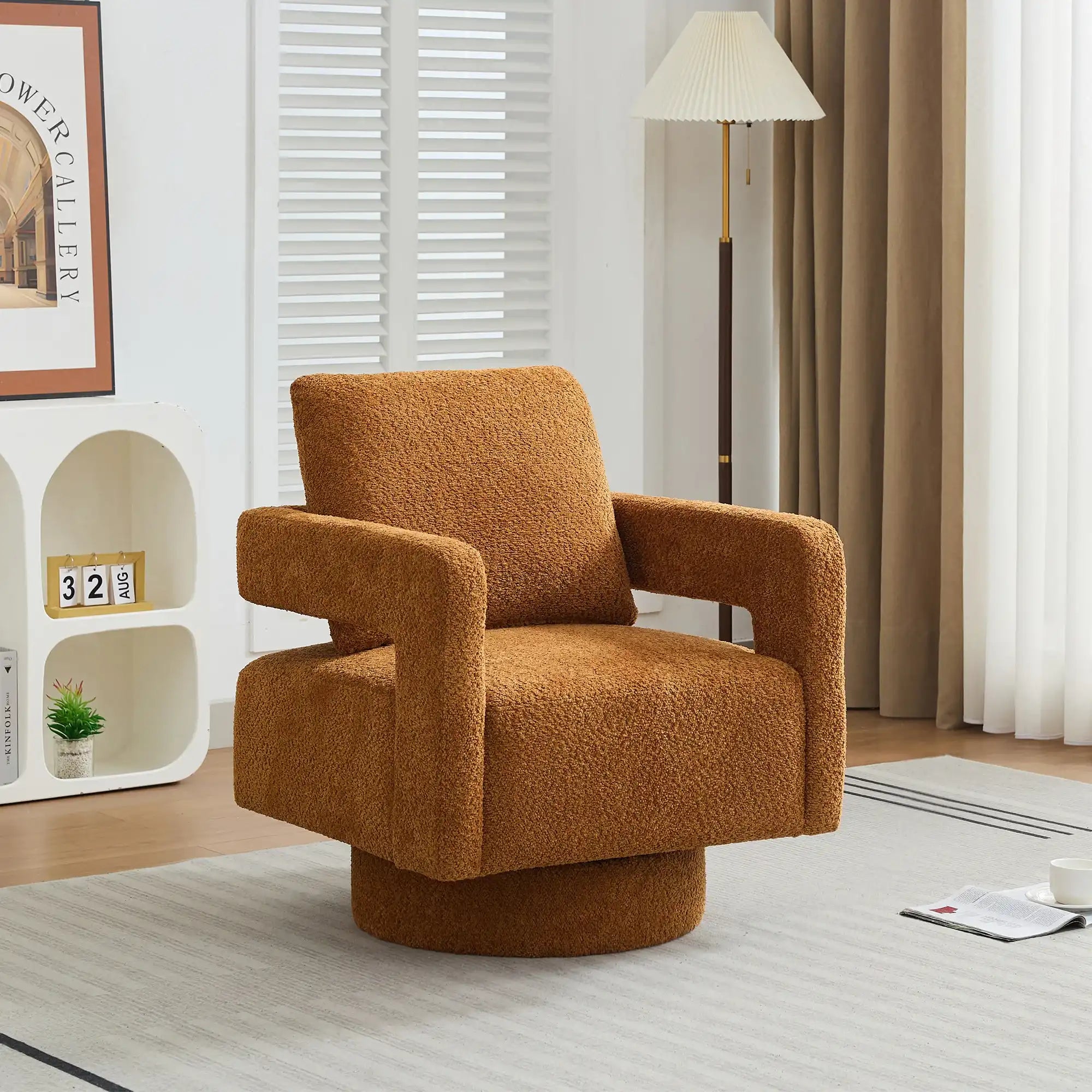 Square Swivel Accent Chair, Modern Rotating Arm Chair, Caramel