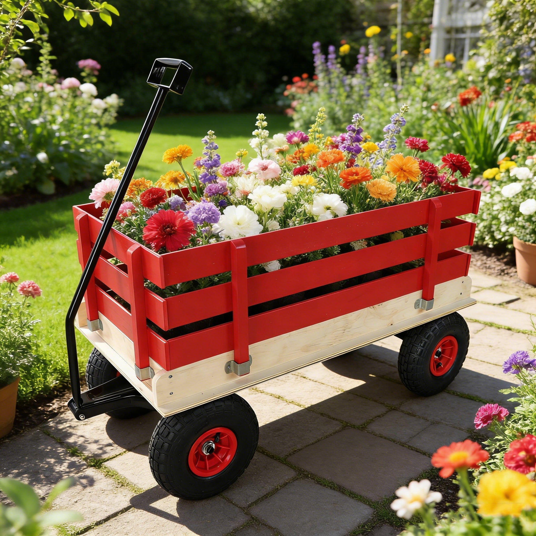 Children's and Garden Wooden Carriage with All-Terrain Inflatable Wheels
