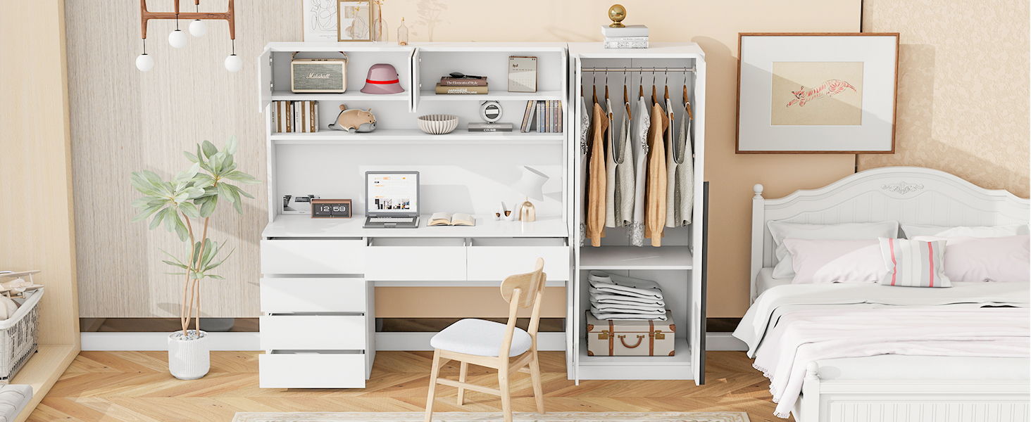 2 Door Storage Desk Wardrobe For Bedroom With Shelves And Drawers