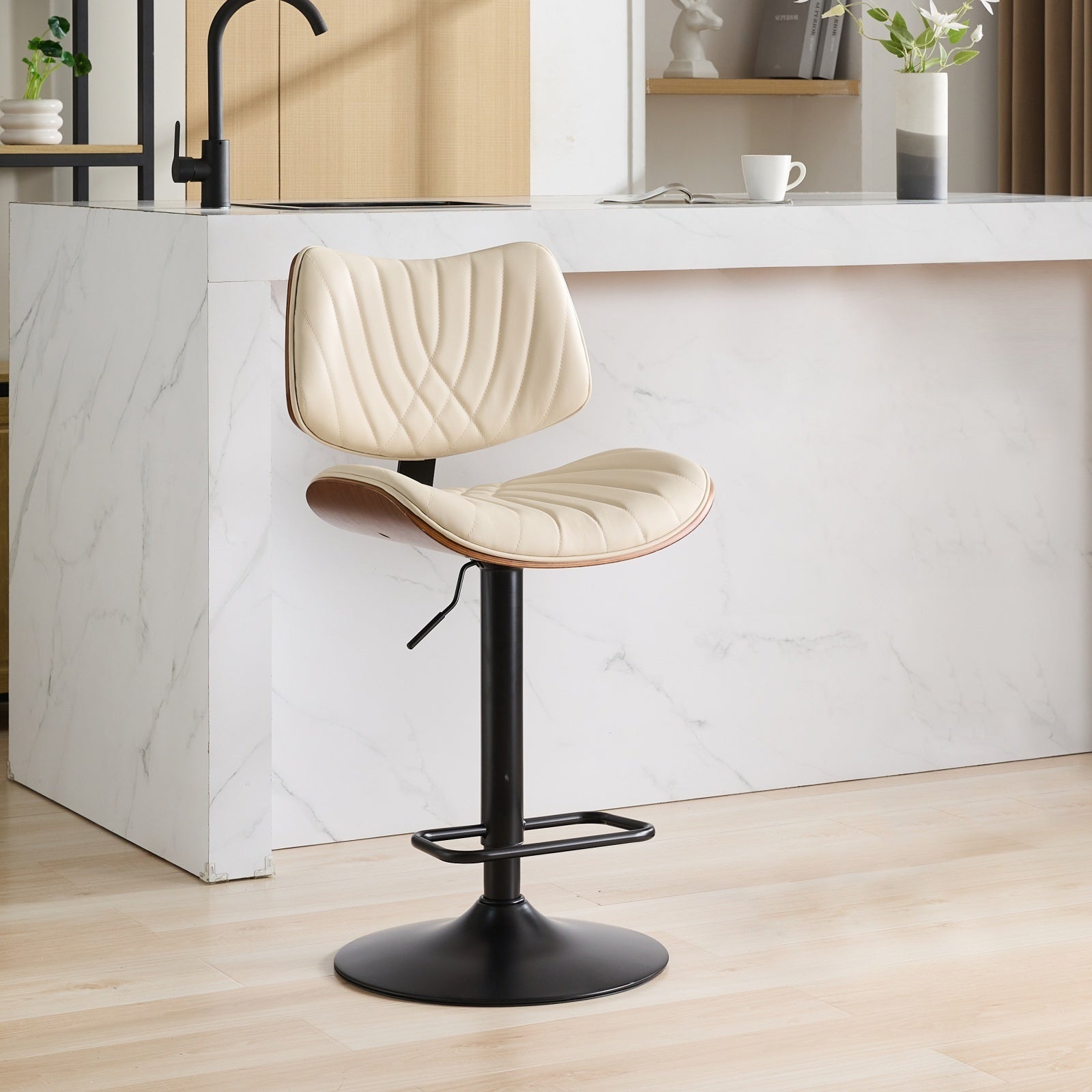Mid Century Modern Walnut Bar Stool, Adjustable Black Leather Swivel Chair, Beige