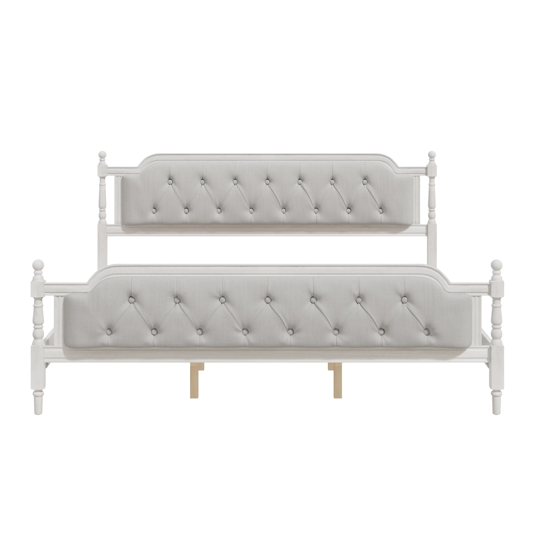 Traditional Style Solid Bed Frame With Upholstered Tufted Headboard, No Box Spring Needed