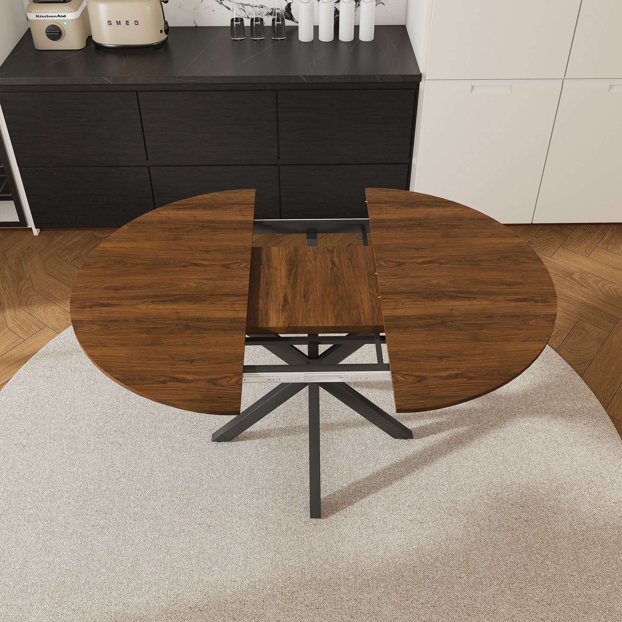 Retractable Dining Table, Round Extendable 6 Person Table - Walnut