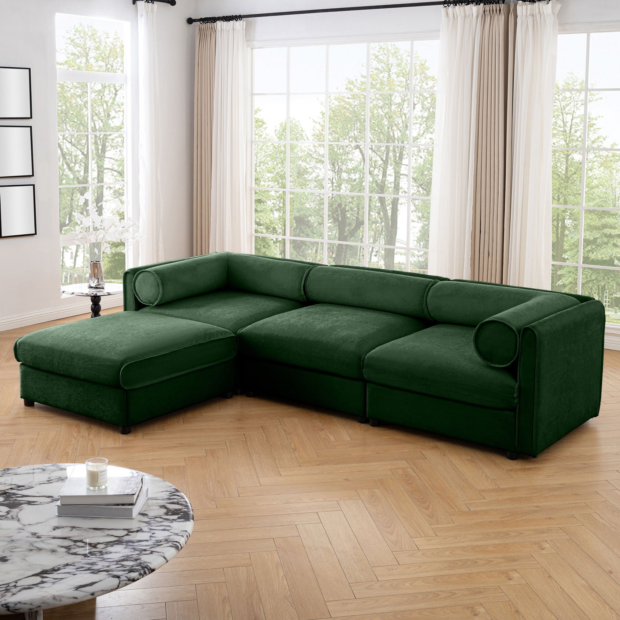 Contemporary Elegant White Chenille Sofa With Storage And Ottoman