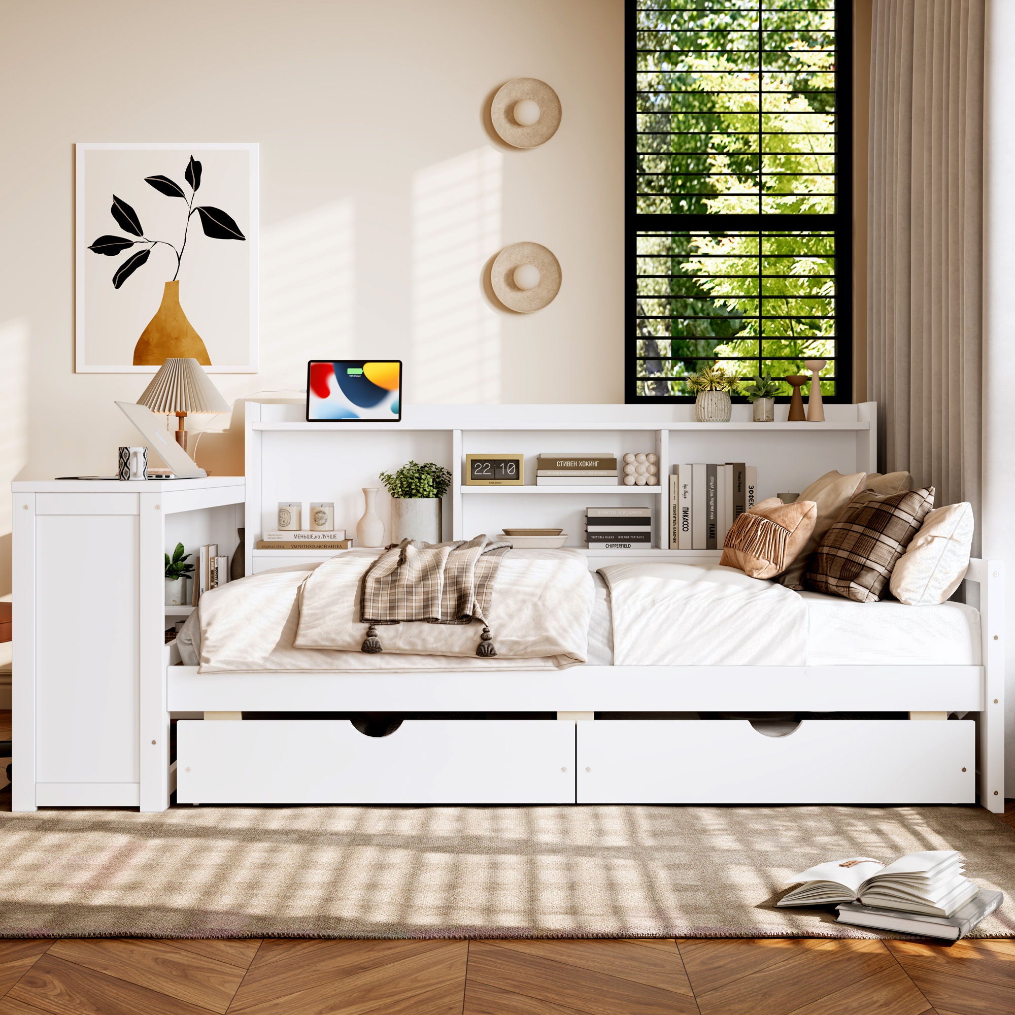 Corner Daybed With Storage Drawers, Desk, Charging Port & Bookcase