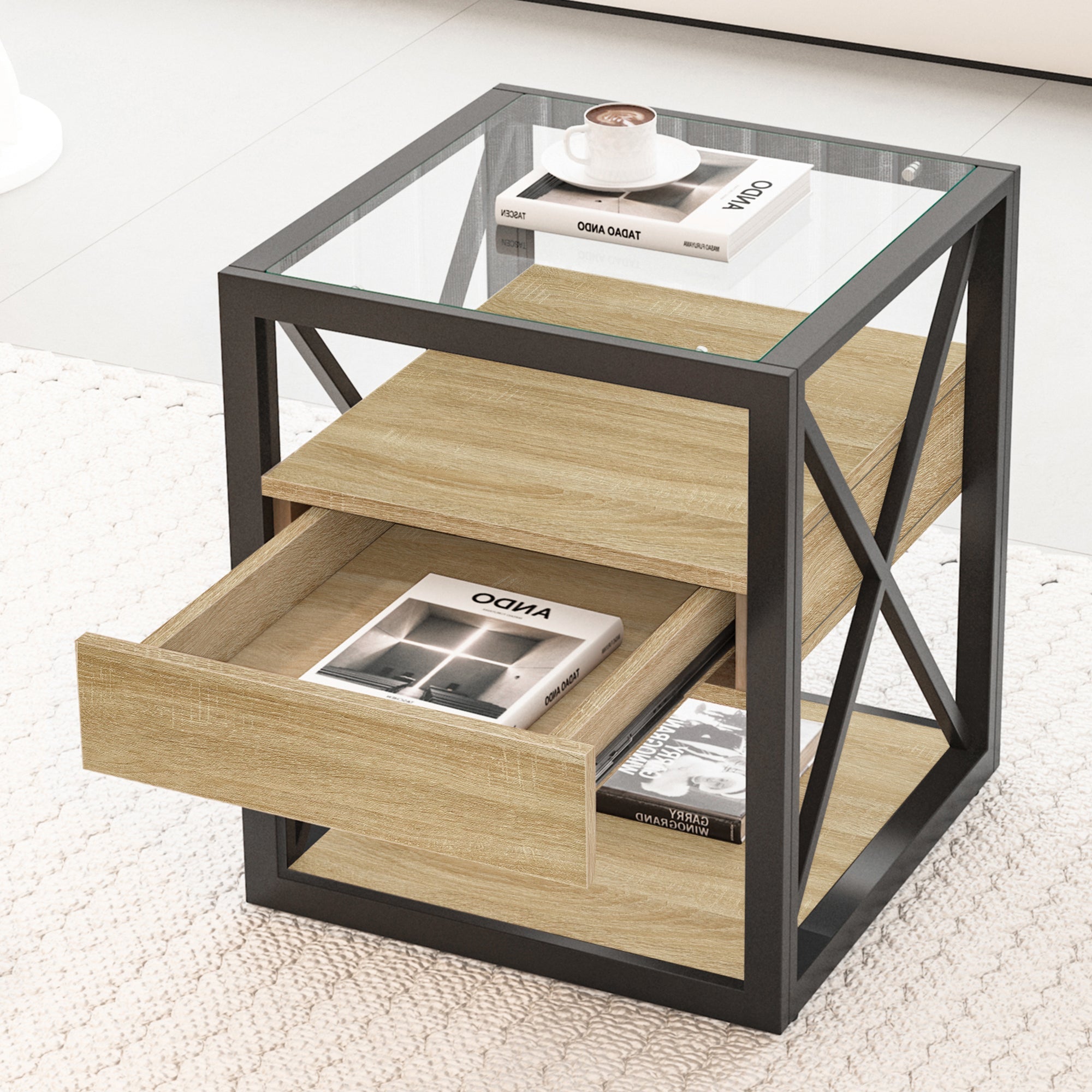 Set of 2 Modern End Tables with Drawer - Nightstands for Bedroom & Living Room