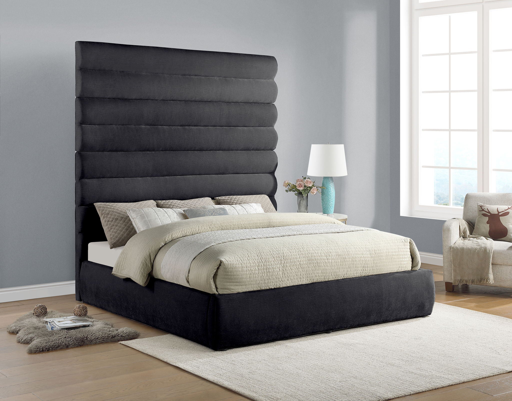 Adam - Chenille Fabric Bed With 89" Headboard