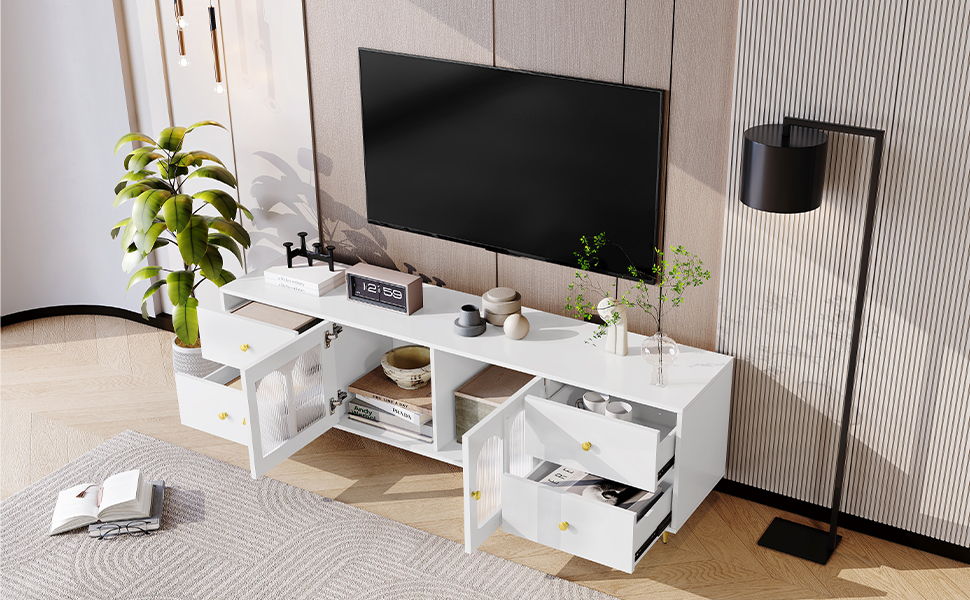 Modern TV Stand With Glass Door, 4 Drawers And 2 Cabinets