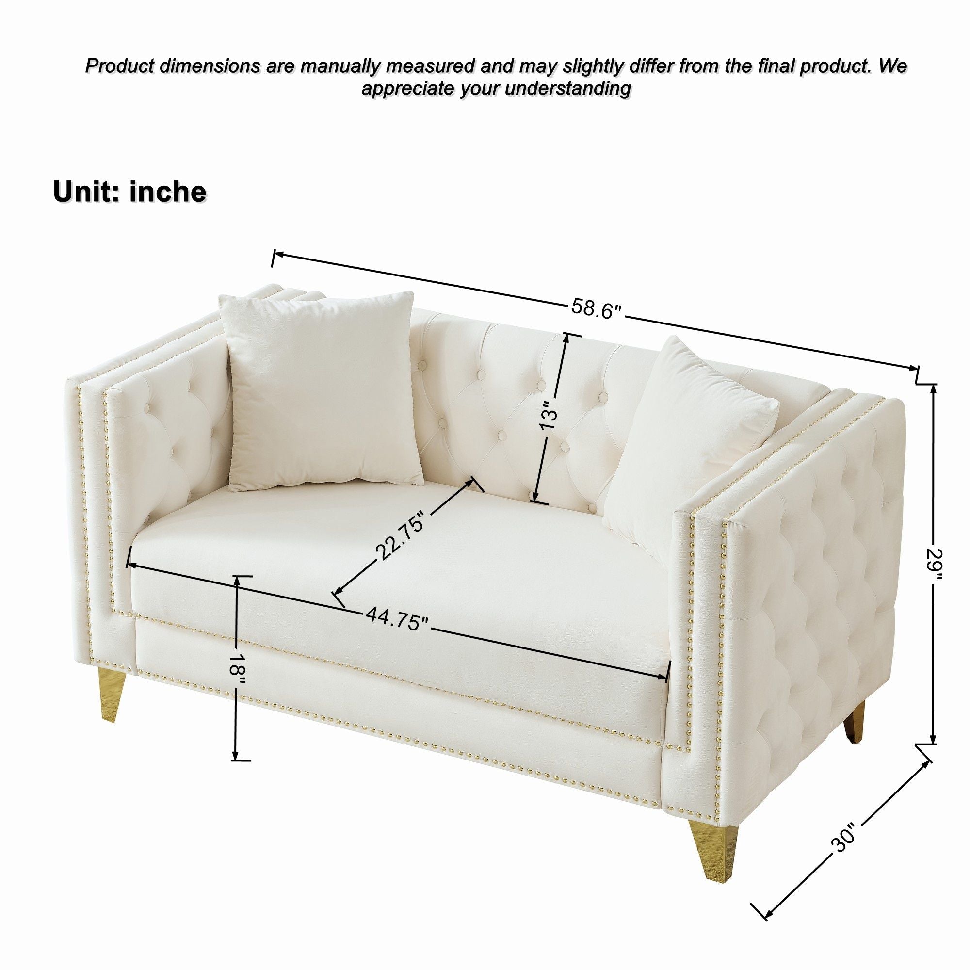 2 Seater Deep Seat Sofa, Sofa With Button Nailhead, Square Arm Couches, Furniture For Living Room - Beige