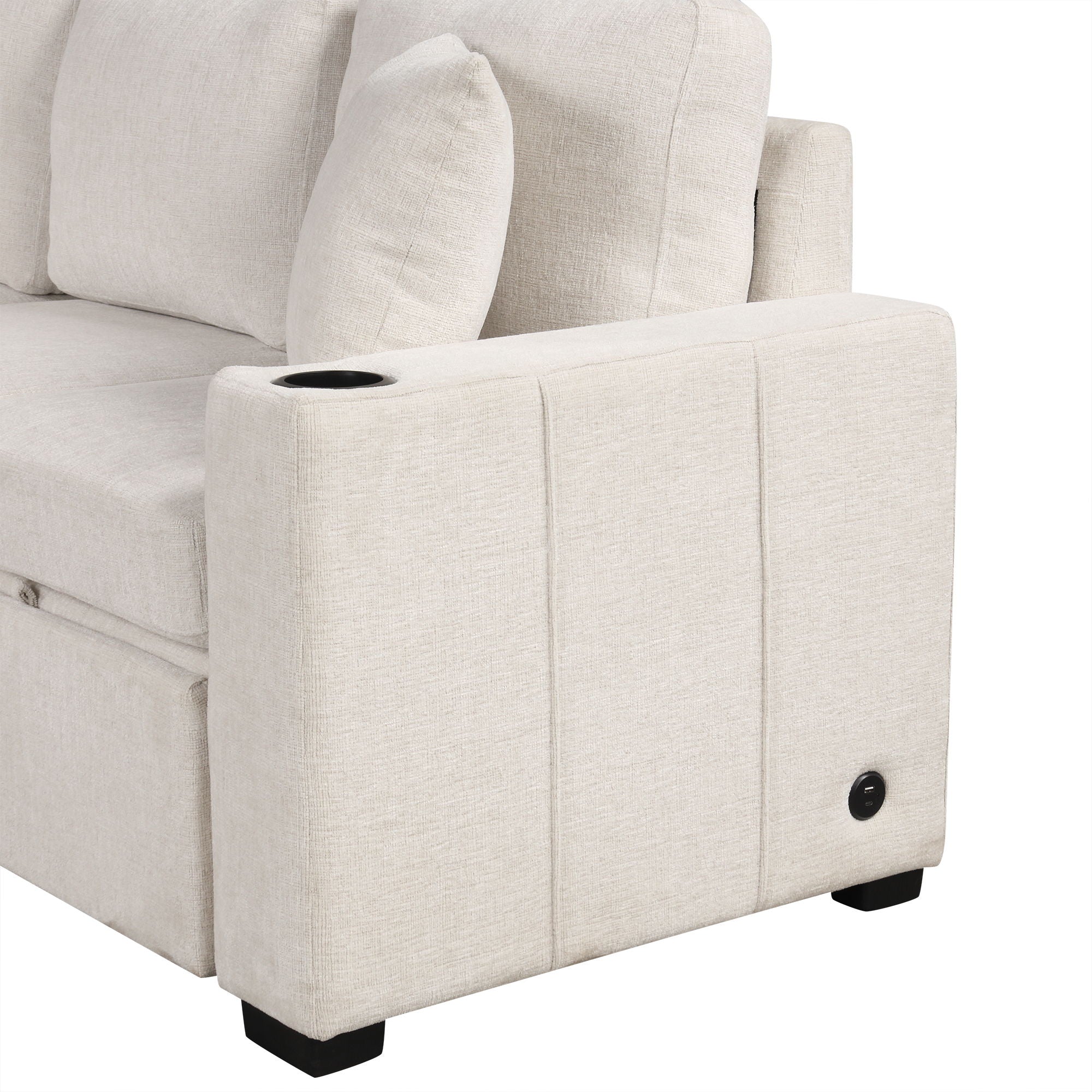 Modern 2 Seater Loveseat Sofa With Pull-Out Bed, Chenille Fabric, Built-In USB Ports & Cup Holders