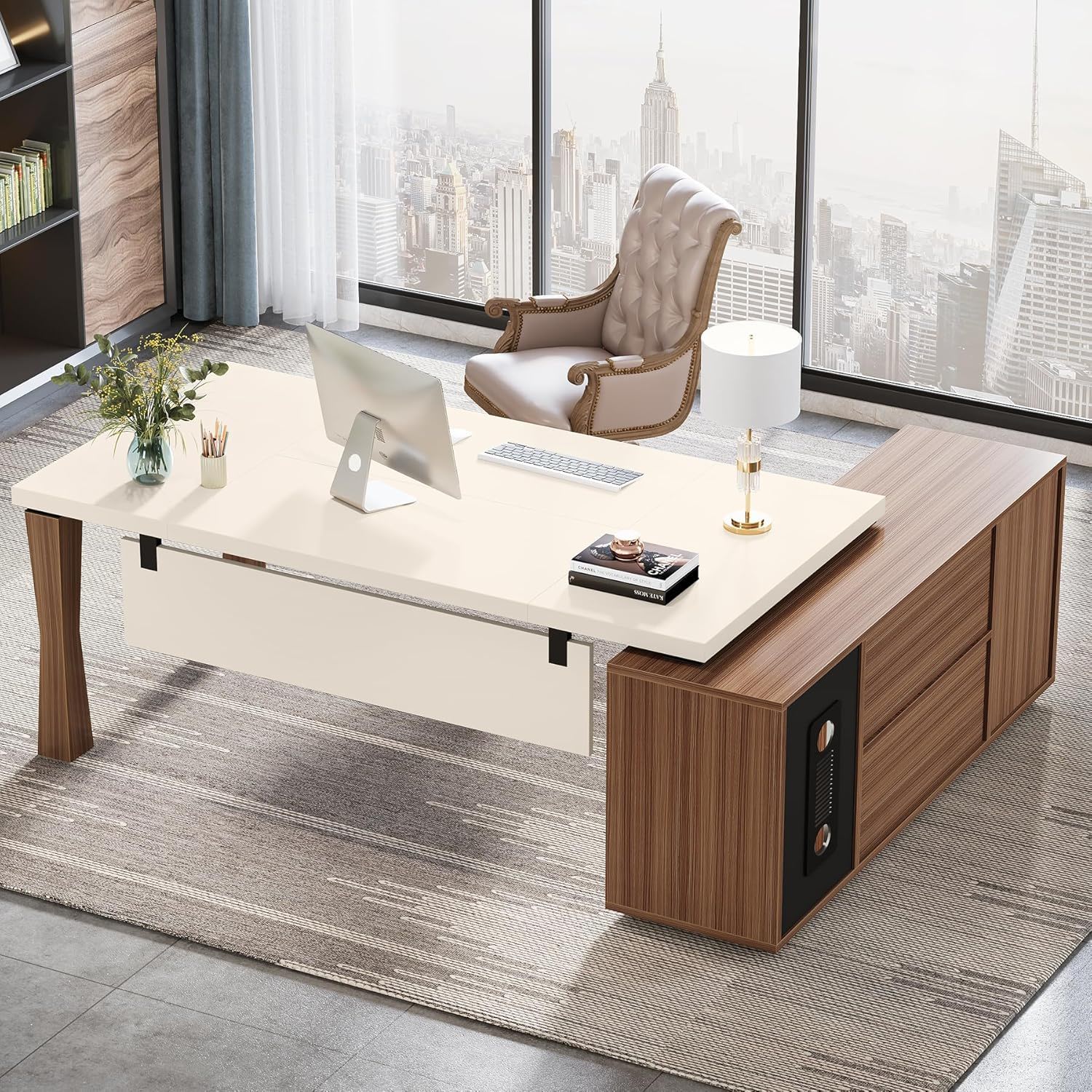 L-Shaped Executive Desk With Storage Cabinet, Home Office Workstation With Shelves - White / Walnut