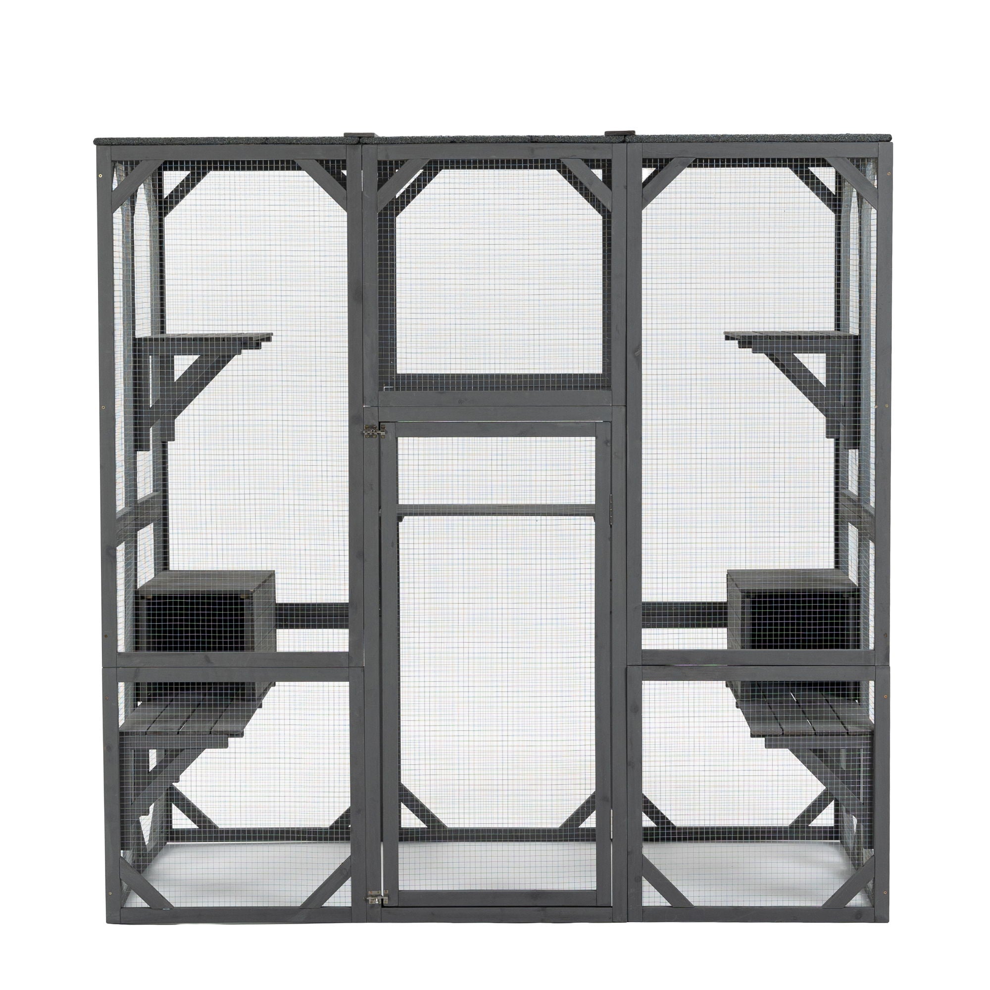 Outdoor Cat House Wooden Catio Enclosure With Cover - Large Cat Cage With Jump Platforms And Condos, Weatherproof - Gray