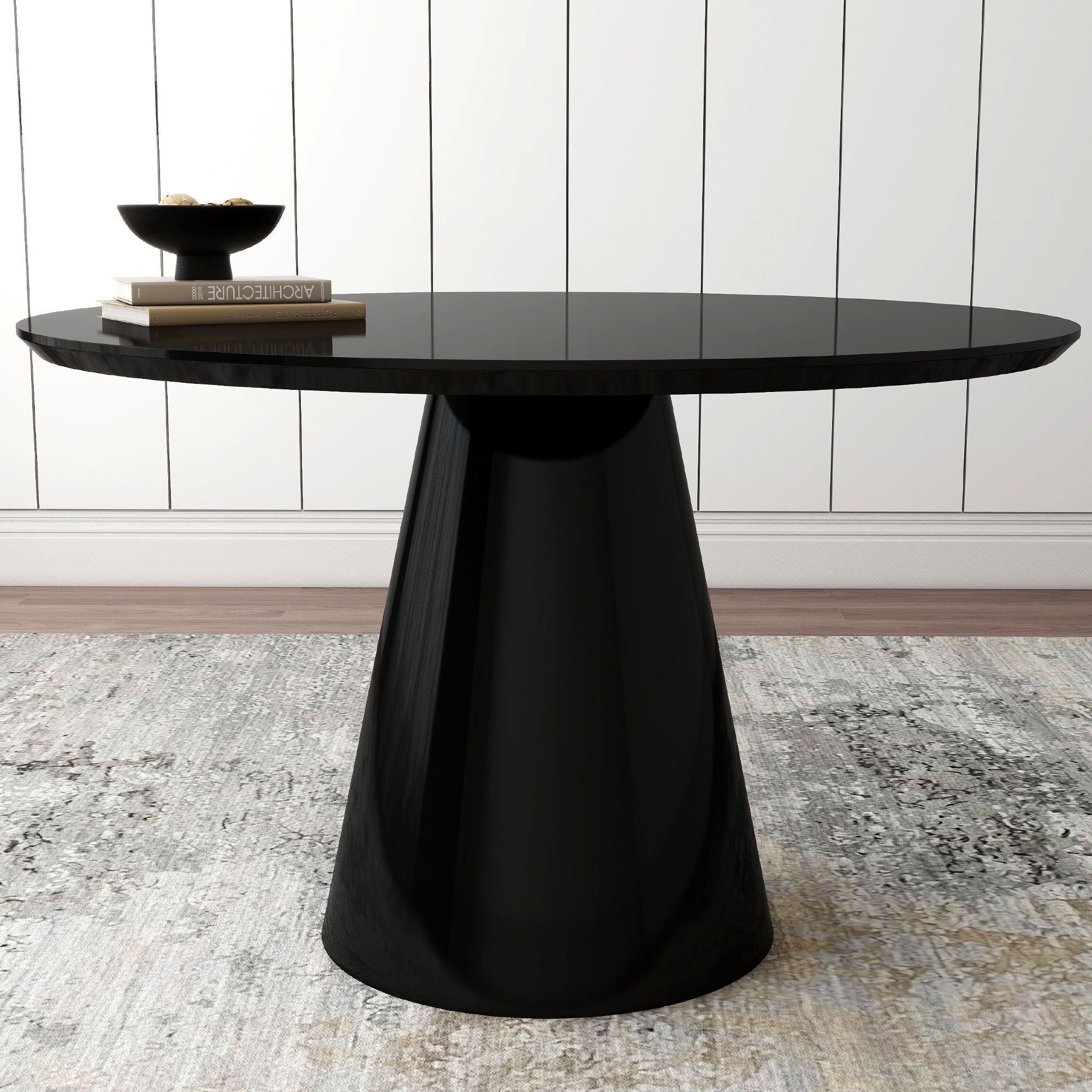 Modern High Gloss Minimalist Round Dining Table - Black