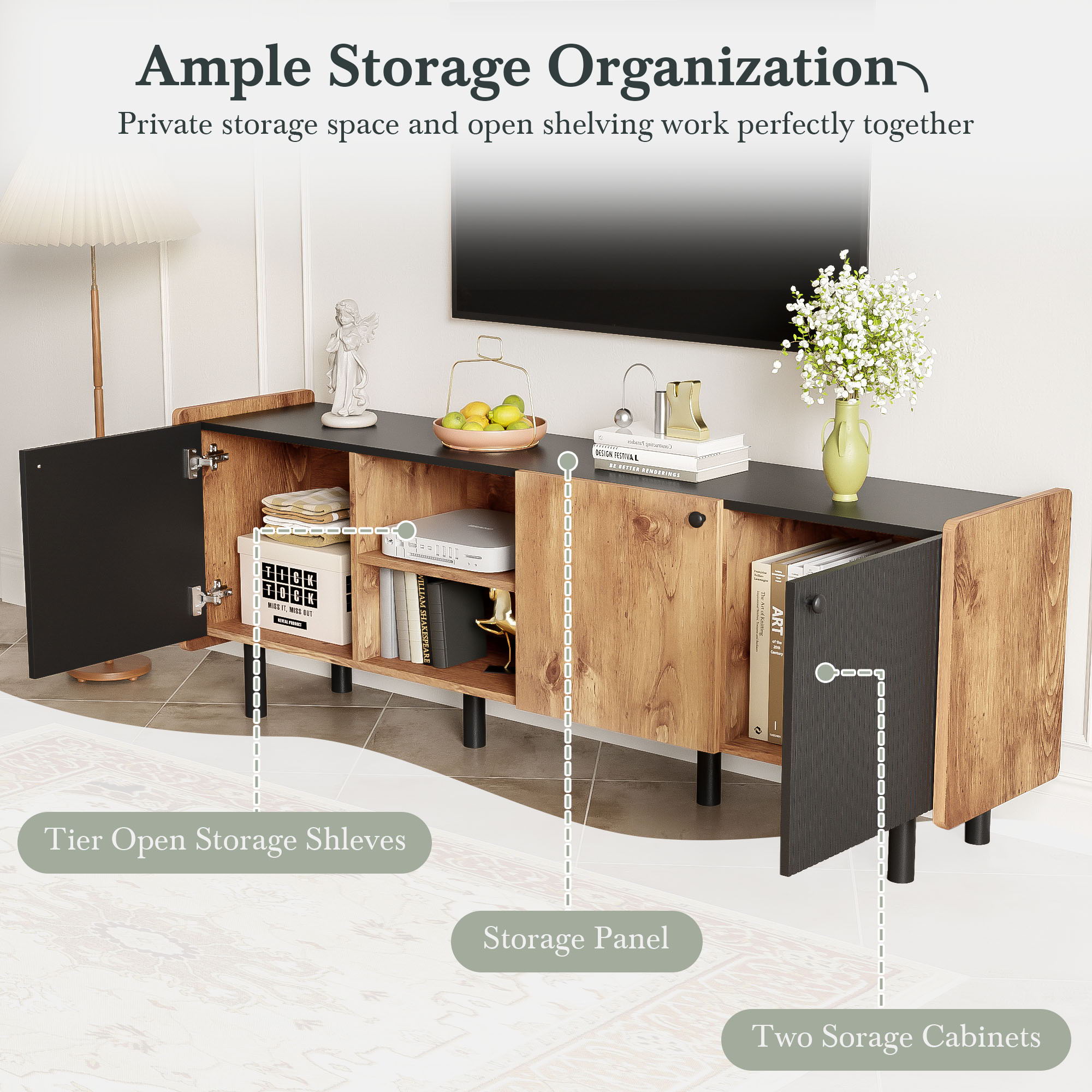 Mid Century TV Stand With 3 Cabinets, Media Console Table For Tvs Up To 70'', Entertainment Center With Storage For Living Room - Black / Brown