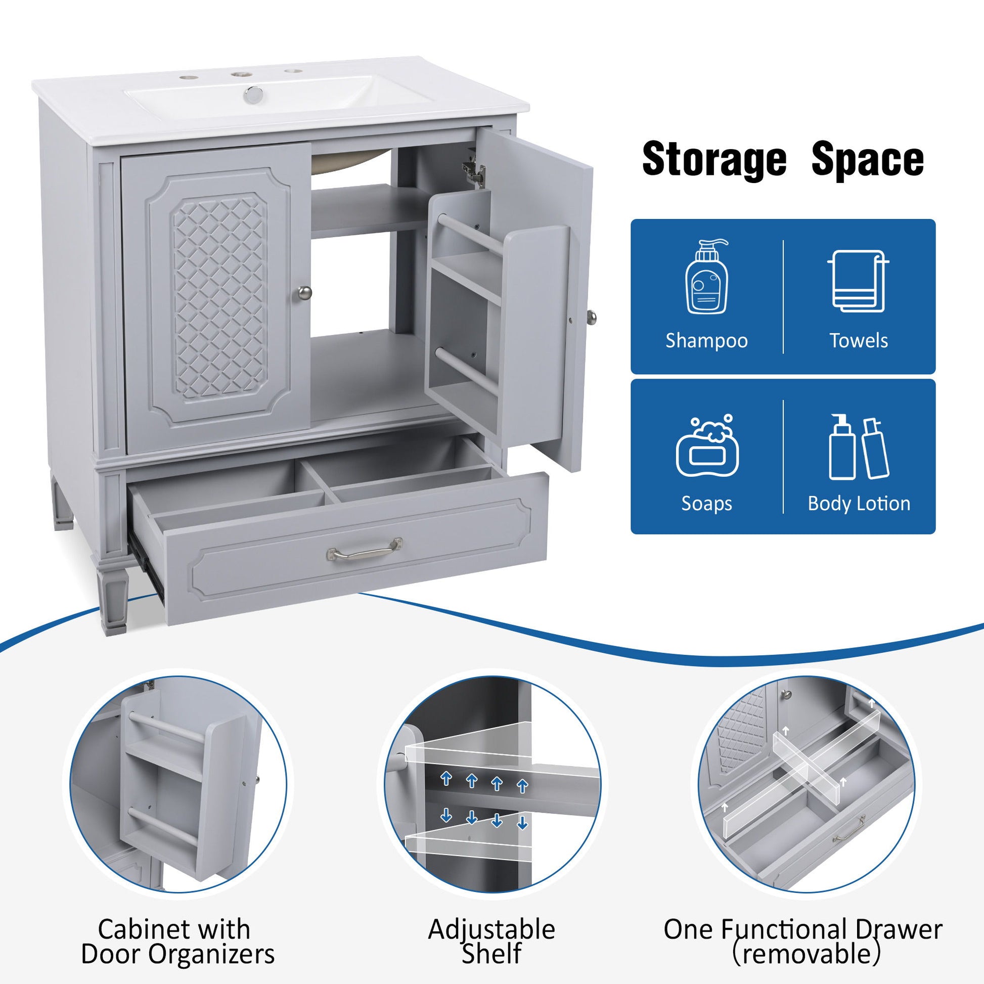 Vintage Style Bathroom Vanity With Sink, Multi Functional Storage, Soft-Closing Door - Best Buy Furniture