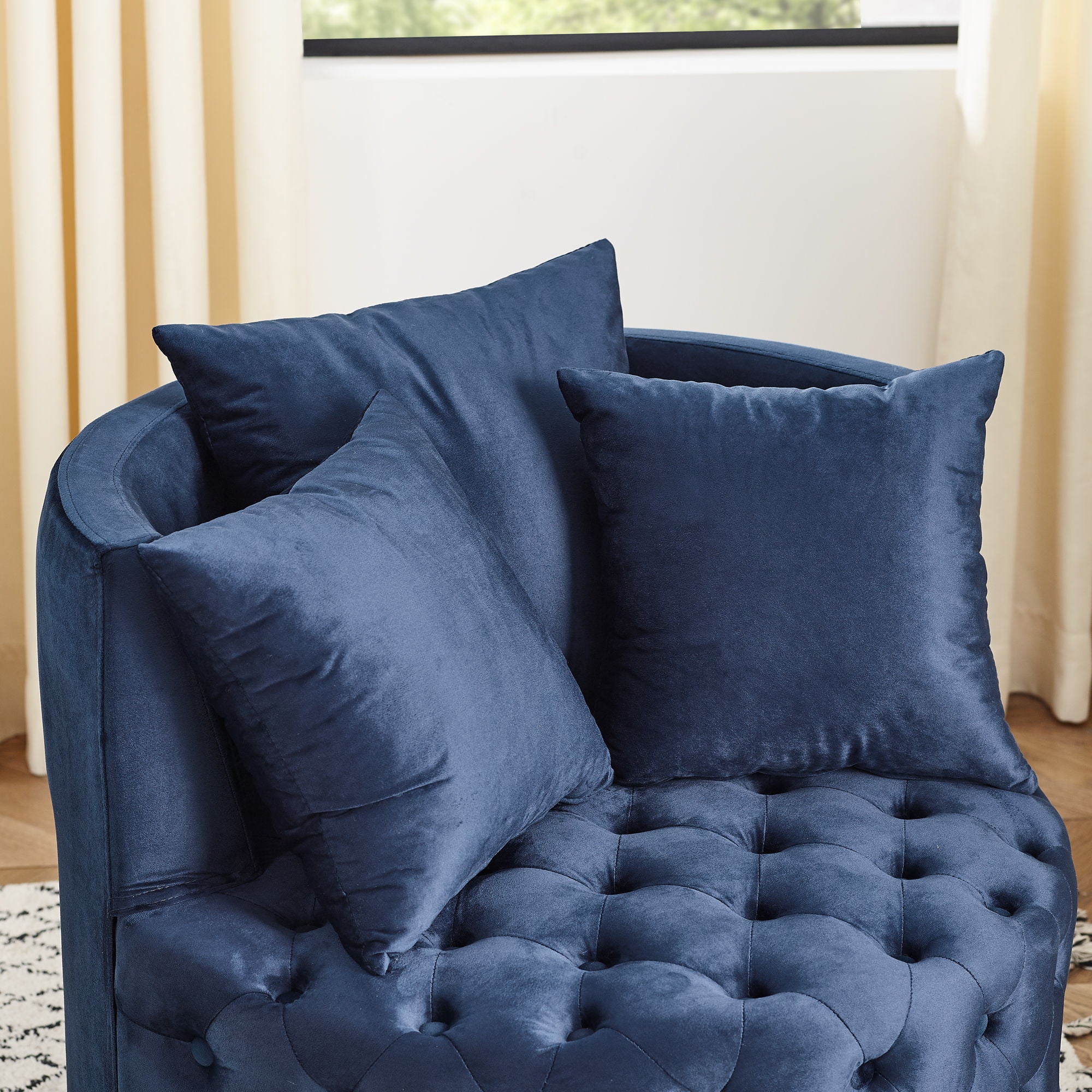 Modern Upholstered Swivel Chair With Button Tufted Design And Movable Wheels