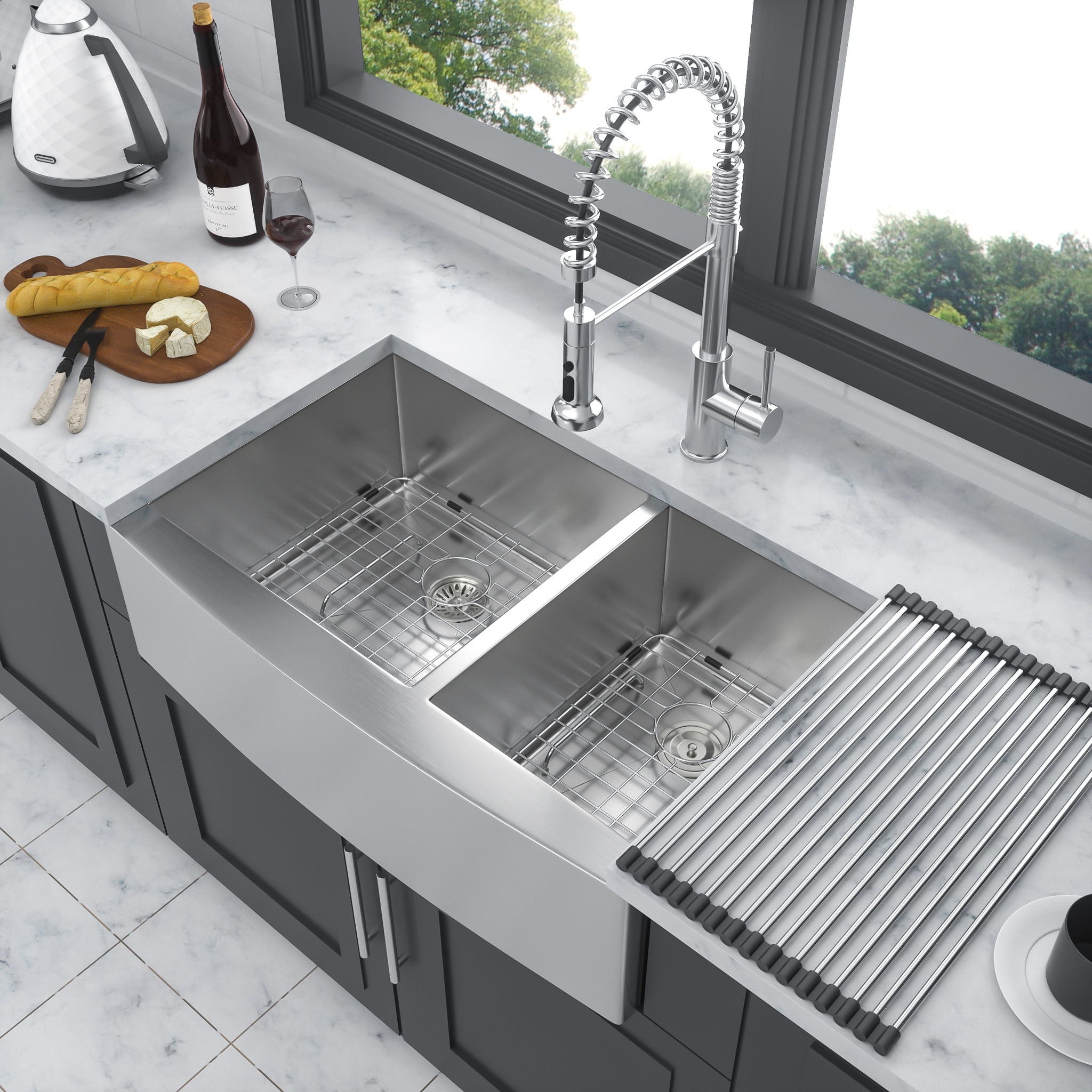 Double Bowl Farmhouse Sink Stainless Steel Undermount Apron Front With 2 9" Deep Basins - Gray