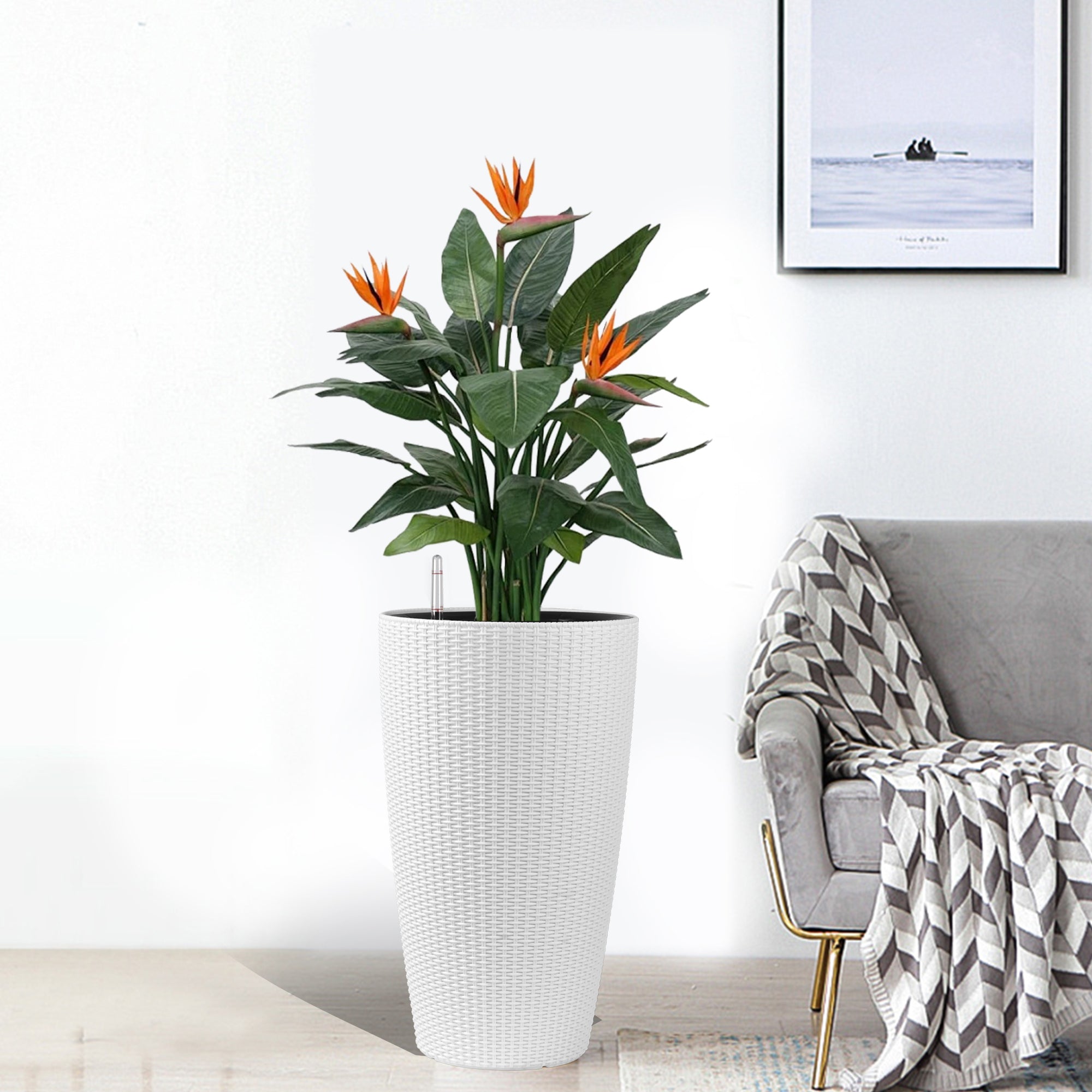 Set of 2 Faux Rattan Tall Planters with Automatic Watering System