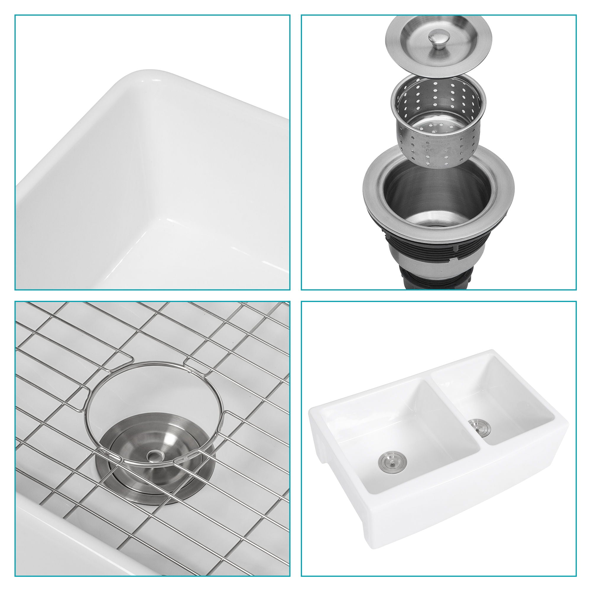 Sink 33" Double Bowl 60 / 40 Kitchen Sink With Deep Basin And Grids - White