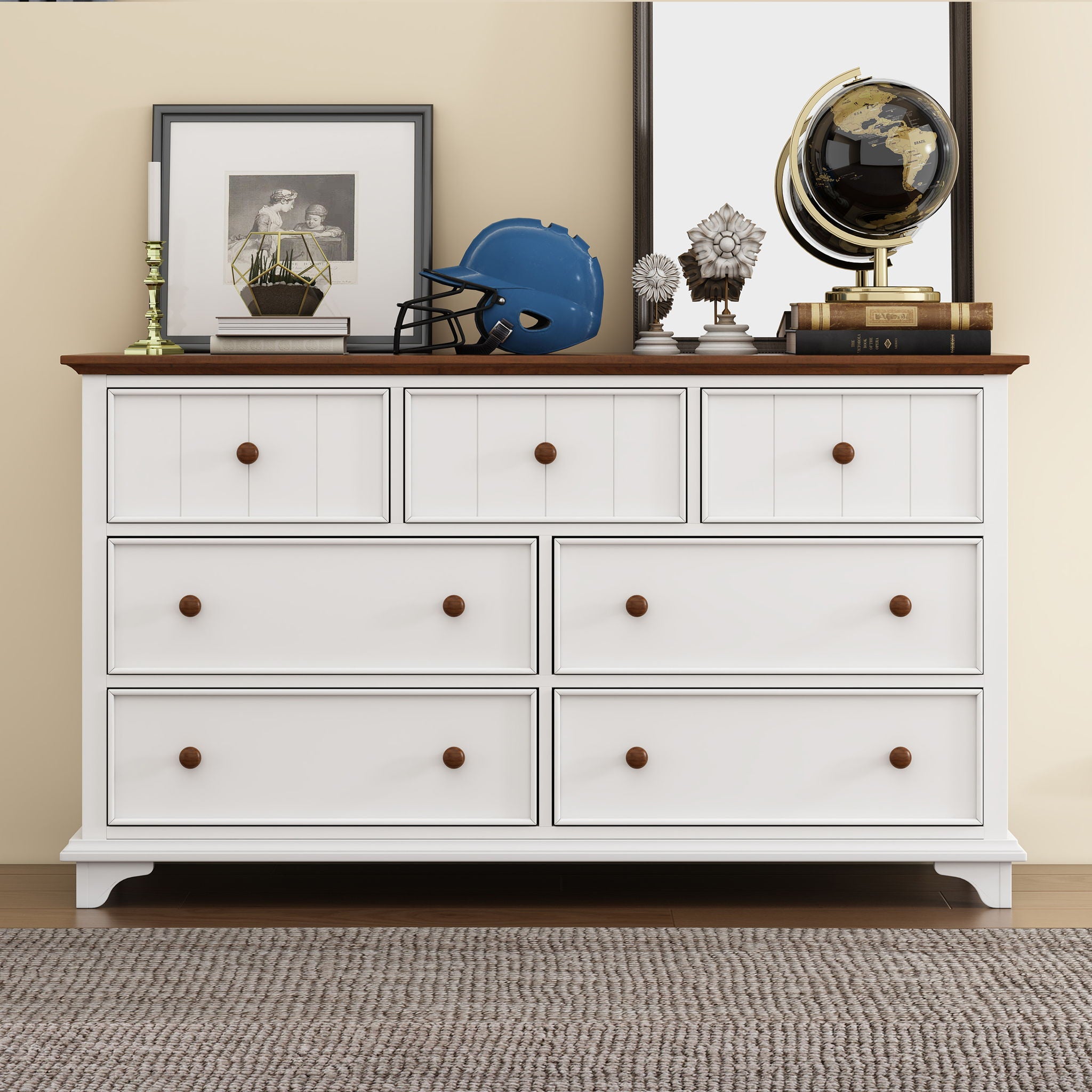 Wooden Captain Seven Drawer Dresser For Bedroom, Living Room, Kids' Room - White / Walnut - Best Buy Furniture
