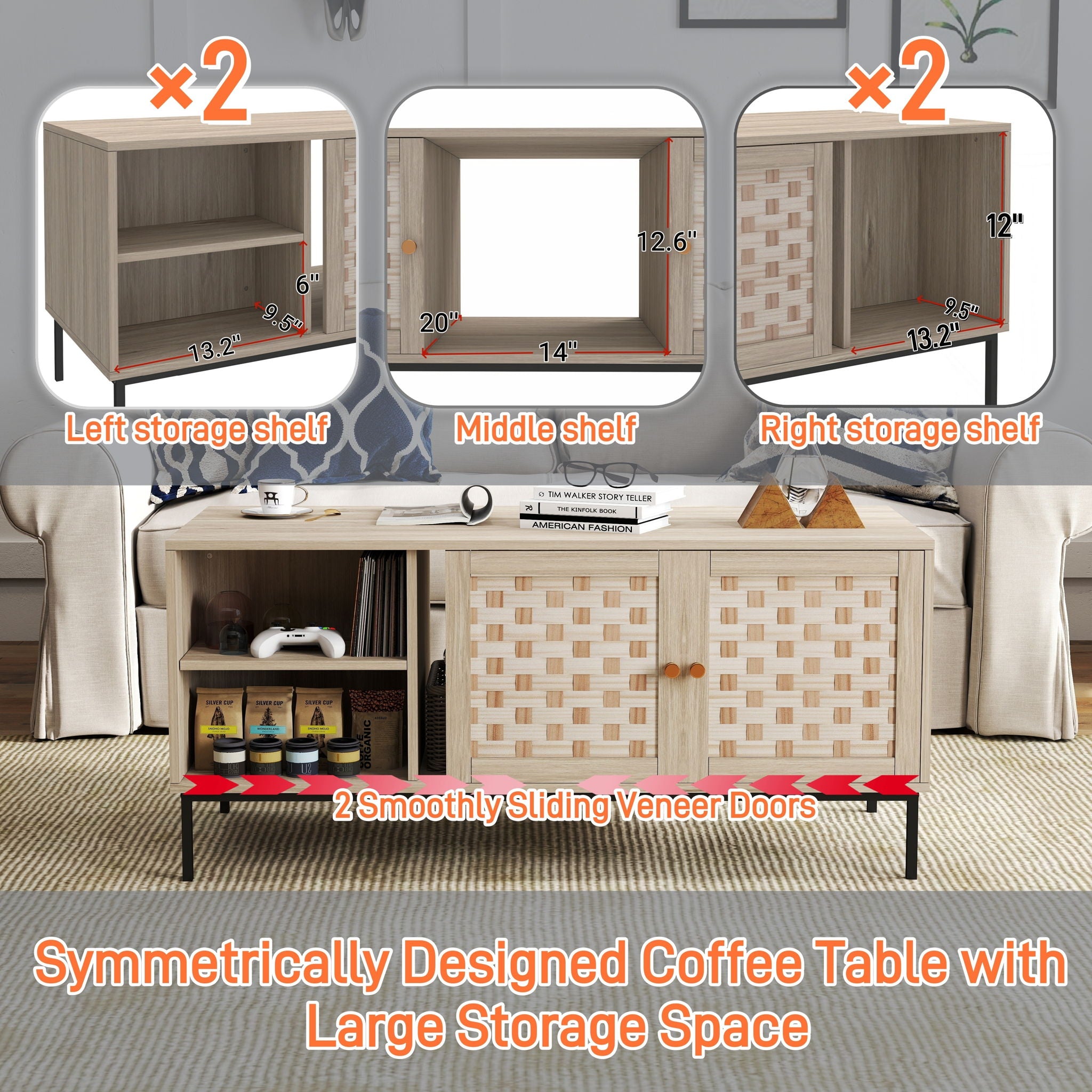 Elegant Veener Weaving Design Coffee Table With 4 Sliding Doors - Natural Wood