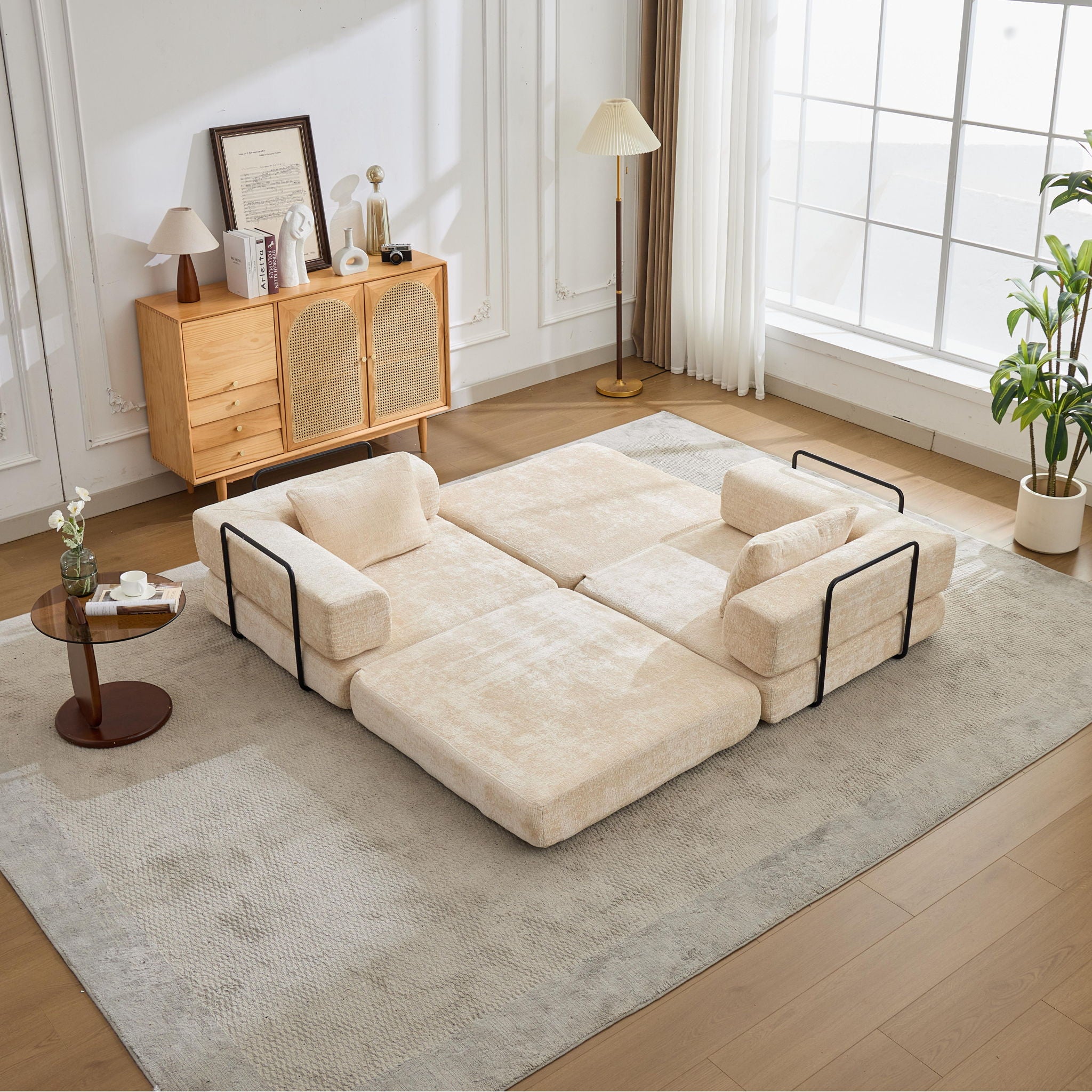 Convertible Floor Sofa Bed With Fixed Shape Frame, Loveseats Boneless Modular Sectional, For Living Room - Beige
