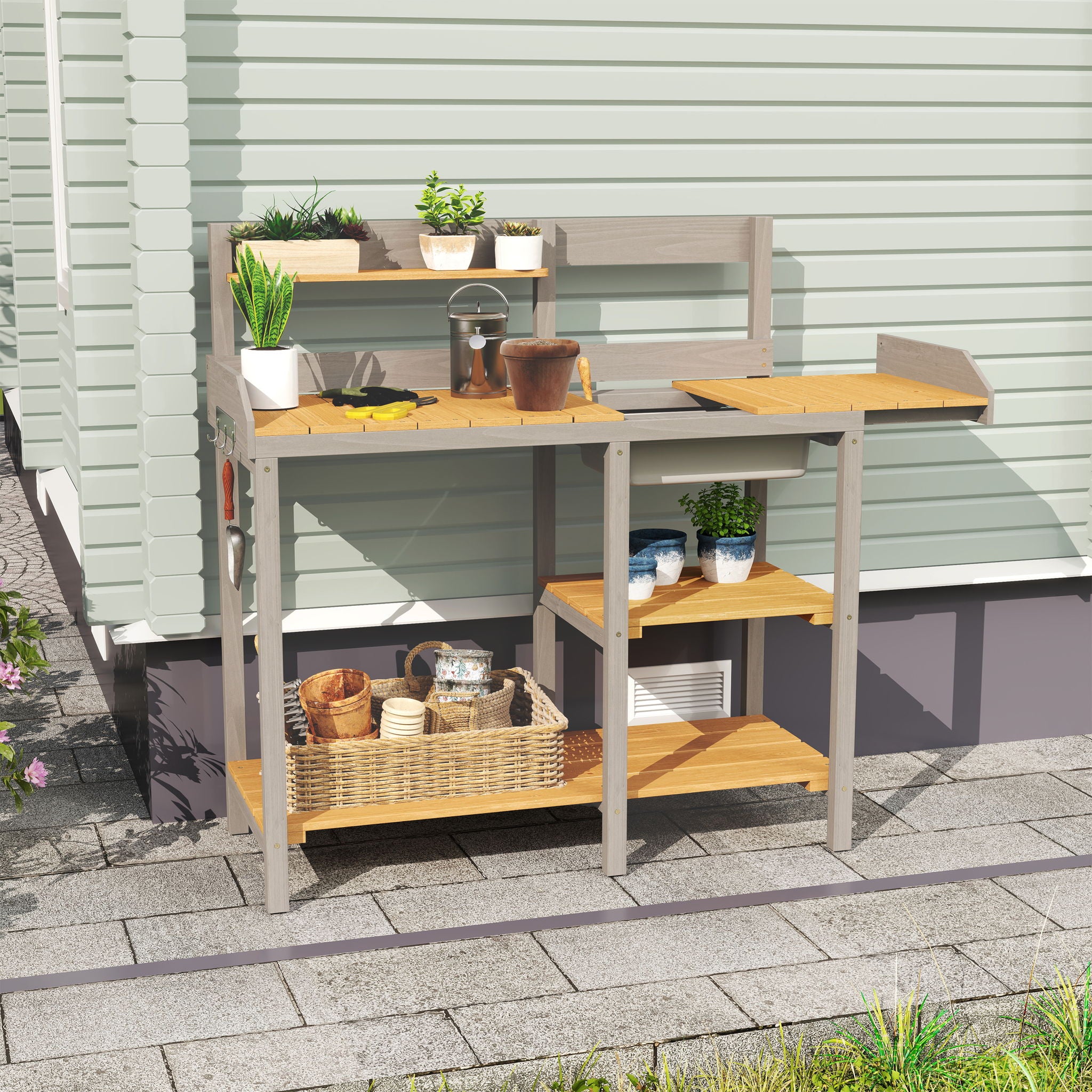 Outdoor Potting - Bench, Workstation Table With Cabinet For Backyard Garden Supplies - Gray / Brown