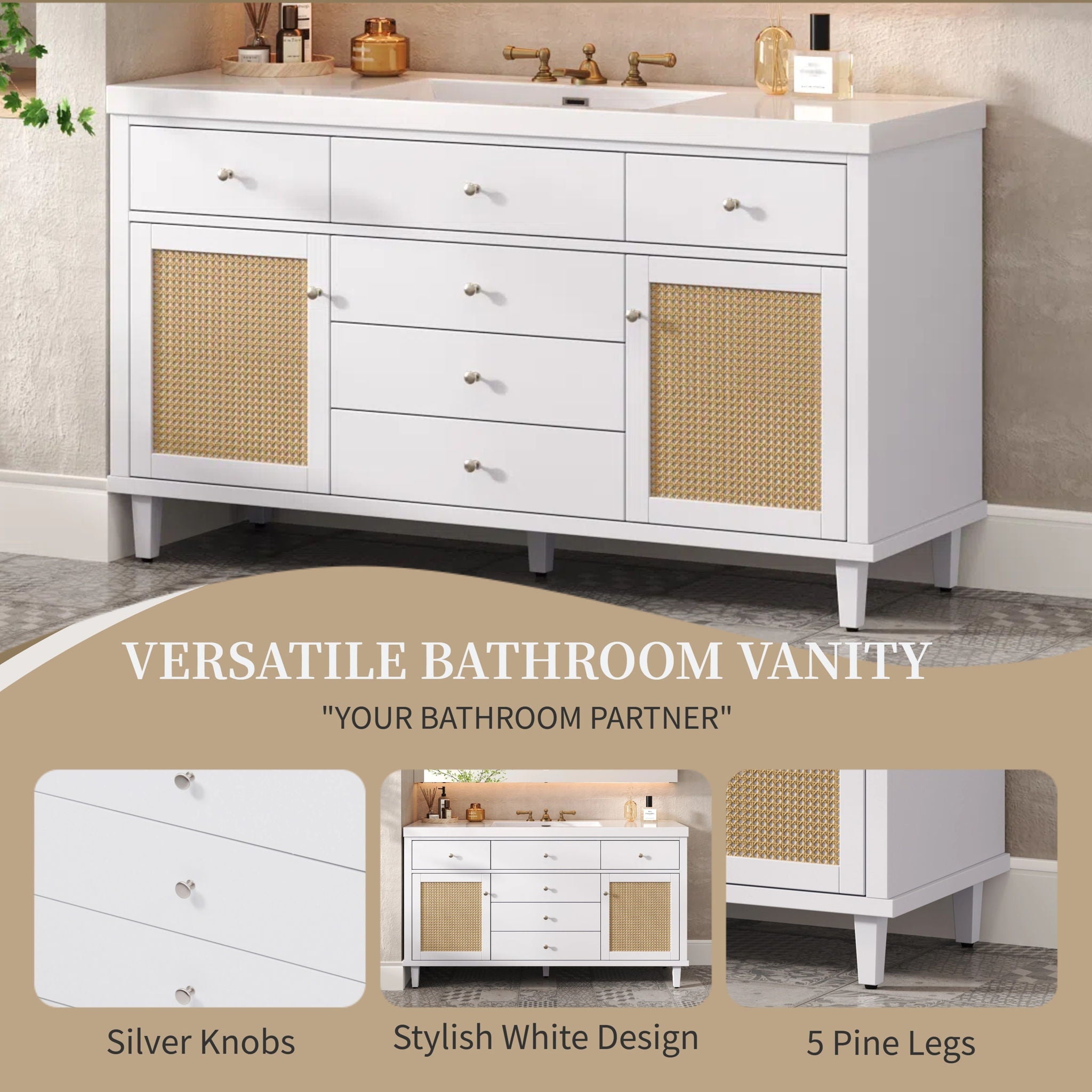 Bathroom Vanity With Sink, 5 Legs, Soft Close Drawers