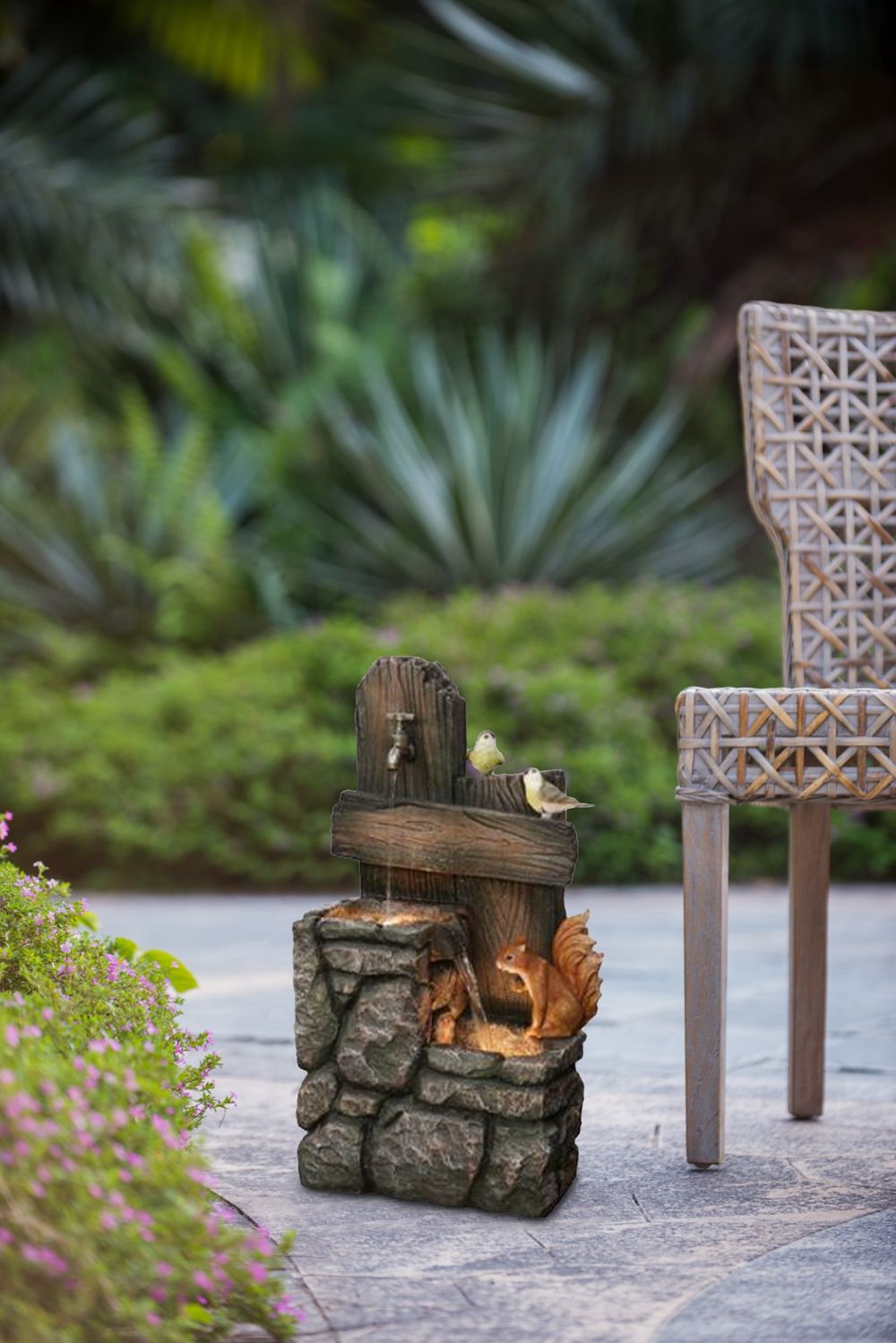 Decorative Two Tiered Water Fountain With Woodland Animal Design, Outdoor Fountain With Light And Pump - Multi - Best Buy Furniture