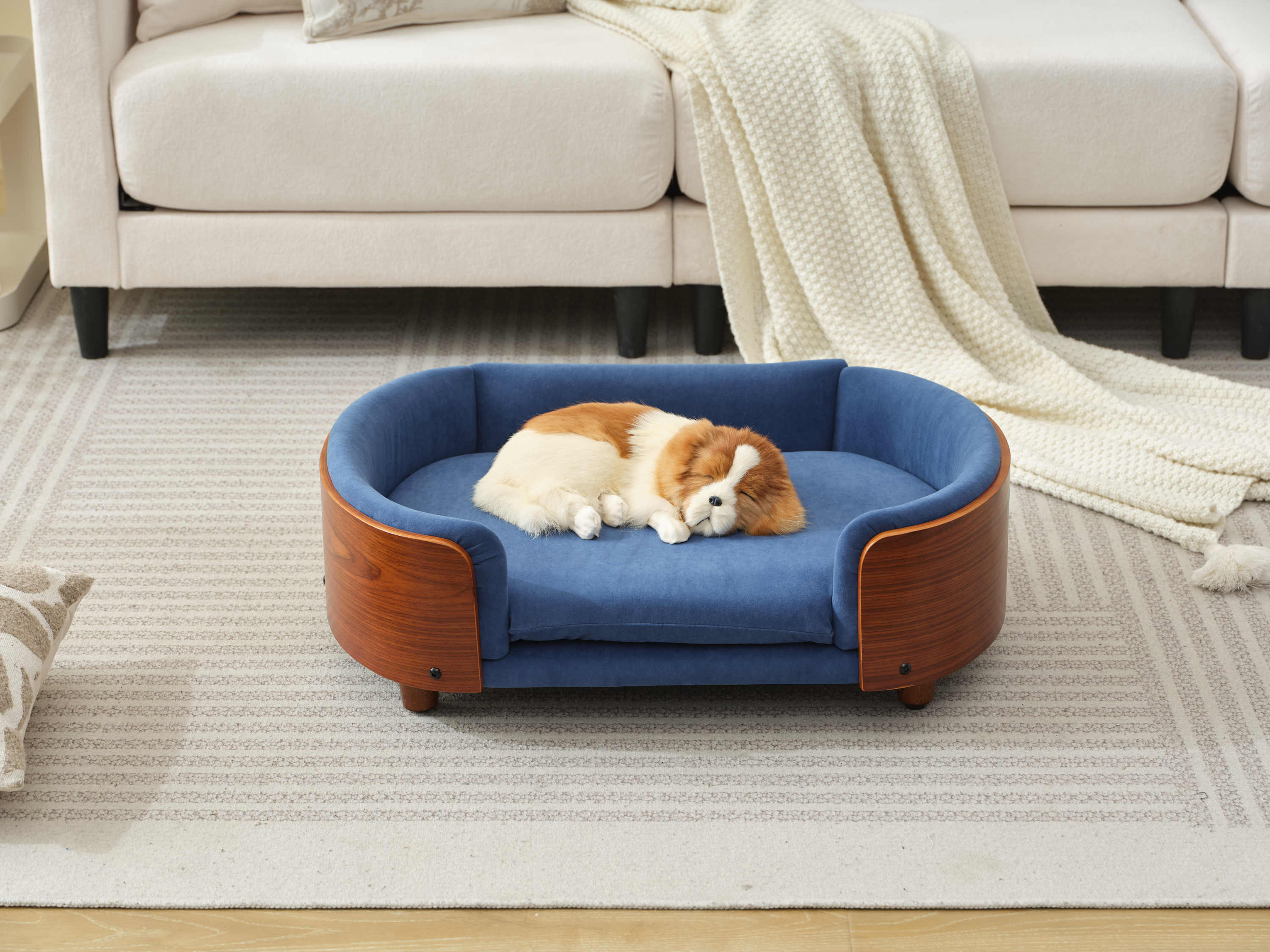 Scandinavian Style Elevated Dog Bed Mid Size Dark Blue Velvet