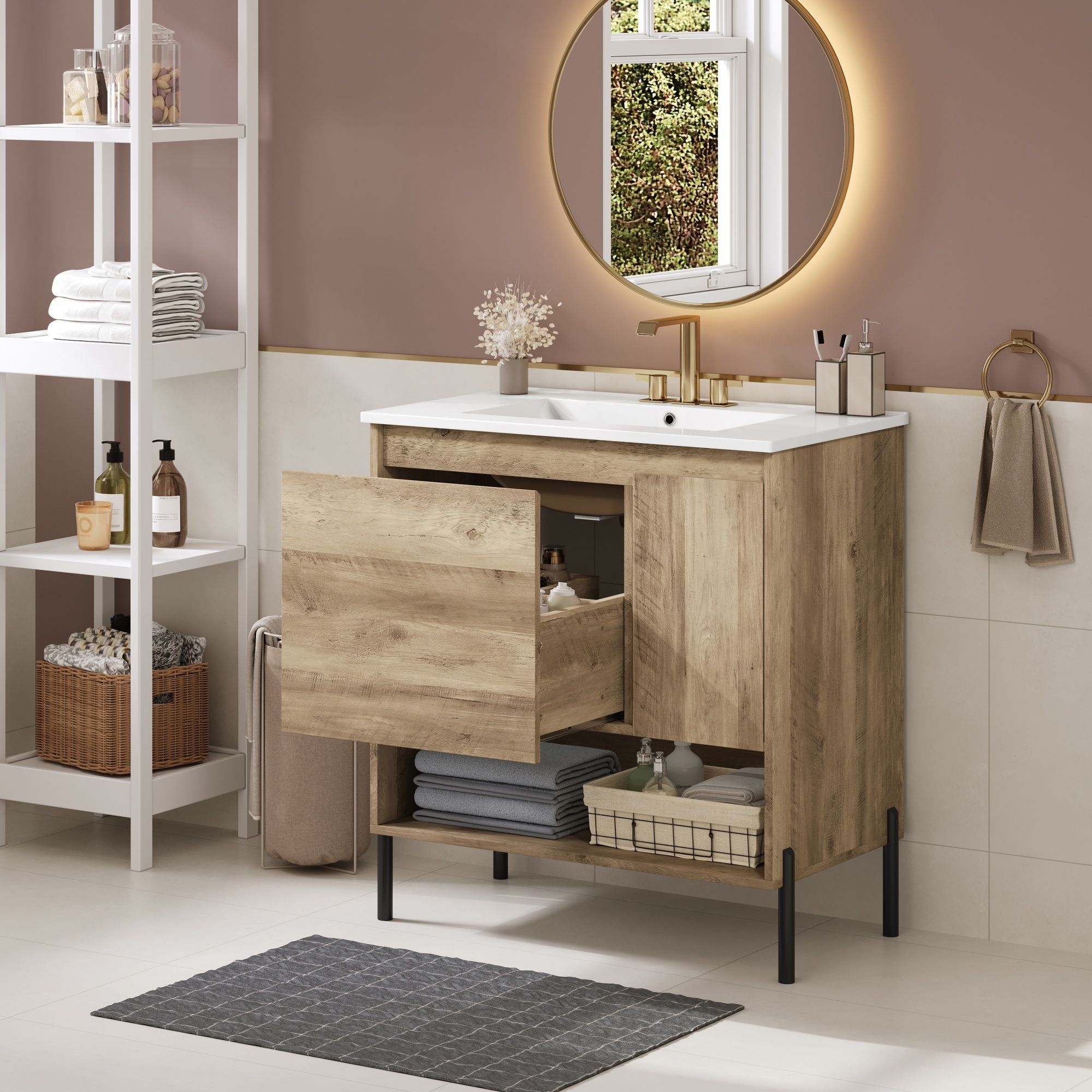 Bathroom Vanity Cabinet With Sink, Sliding Drawer, Soft Closing Door, Open Shelf - Natural Wood