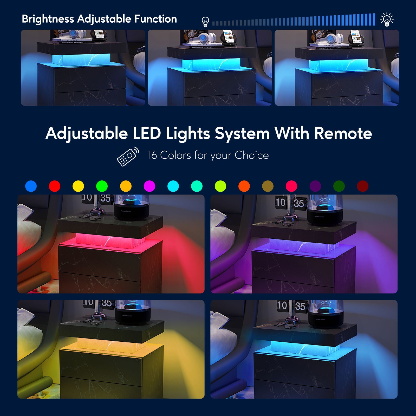 Nightstand LED, Bedside Table Cabinet With 2 Drawers For Bedroom - Best Buy Furniture