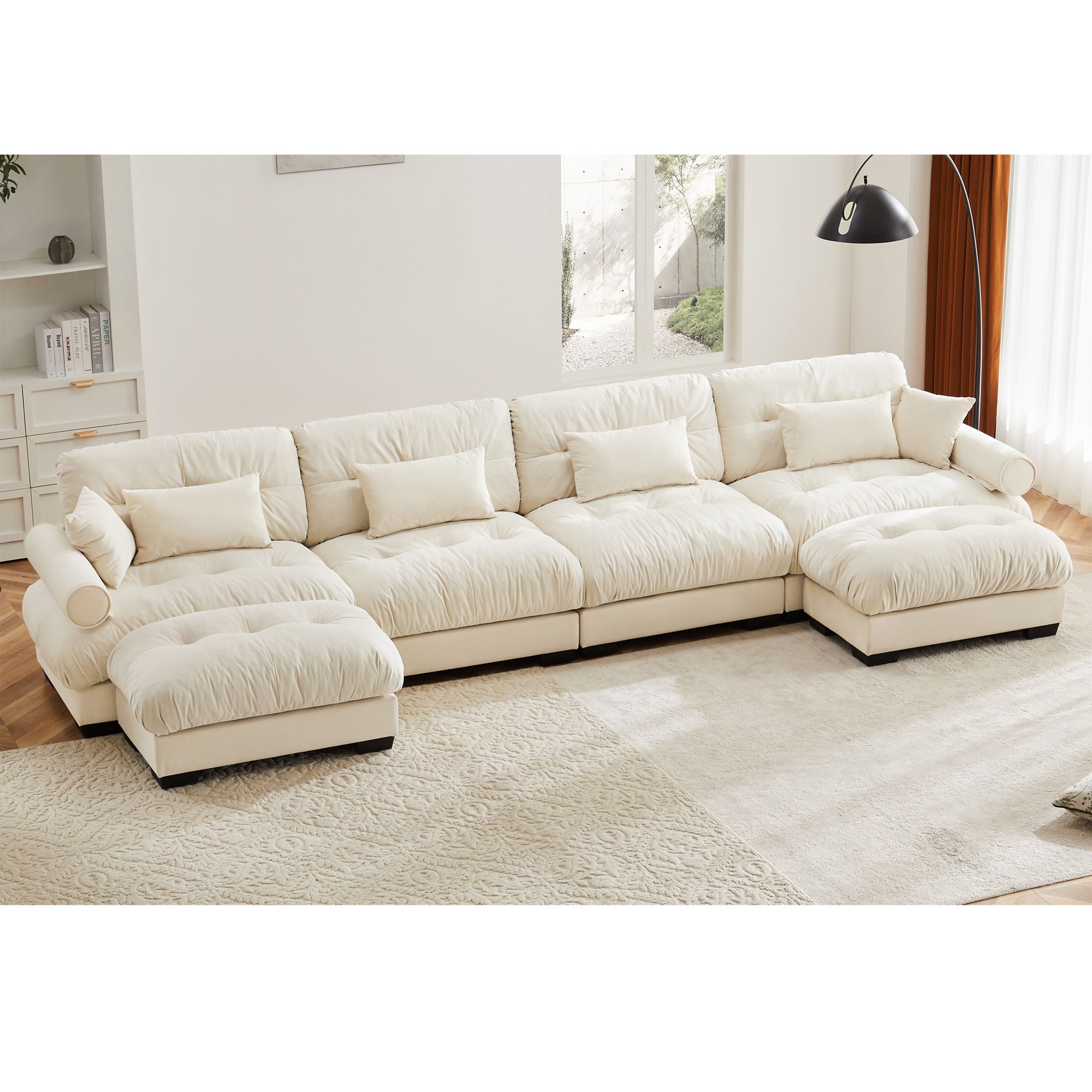 Modern Sectional Sofa With Ottoman, Round Bolster Armrests, Waist And Throw Pillows