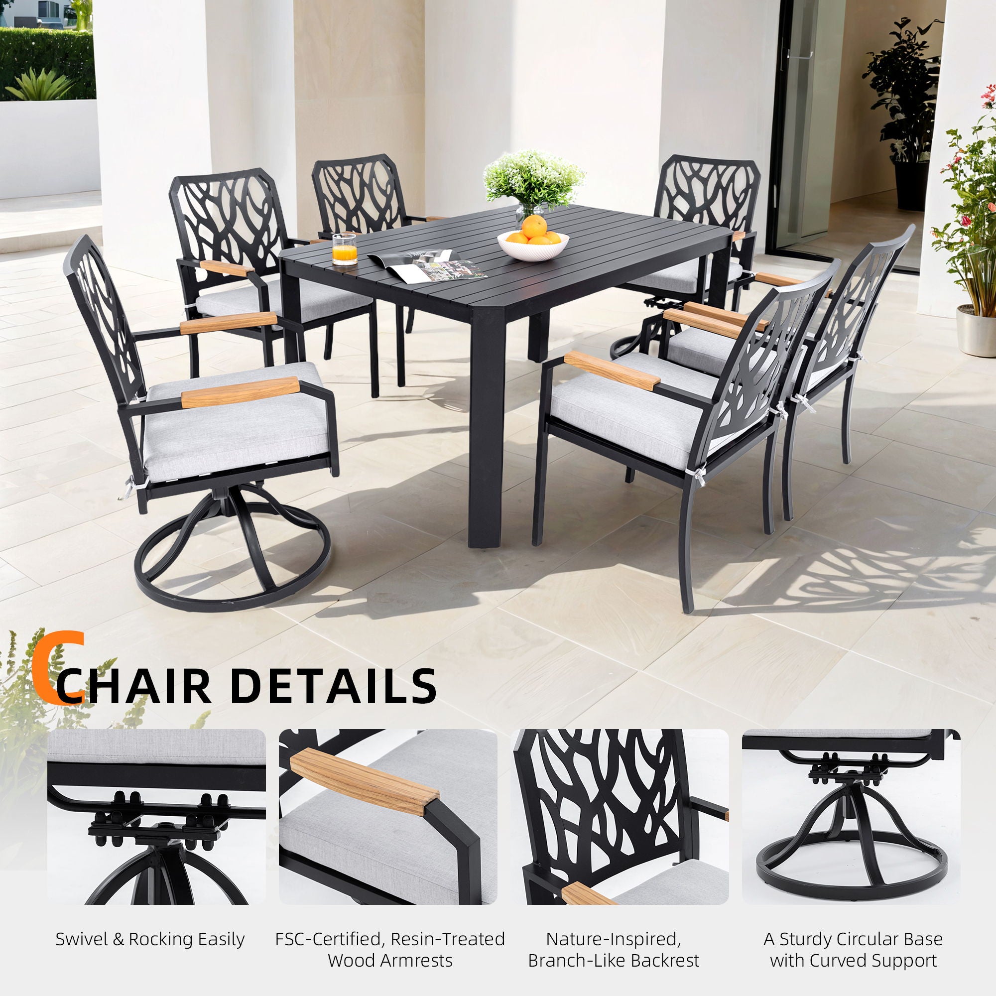 Outdoor Patio Swivel Rocker With Outdoor Grade Sunbrella Cushions, Branch Like Backrest (Set of 2) - Bourbon Brown