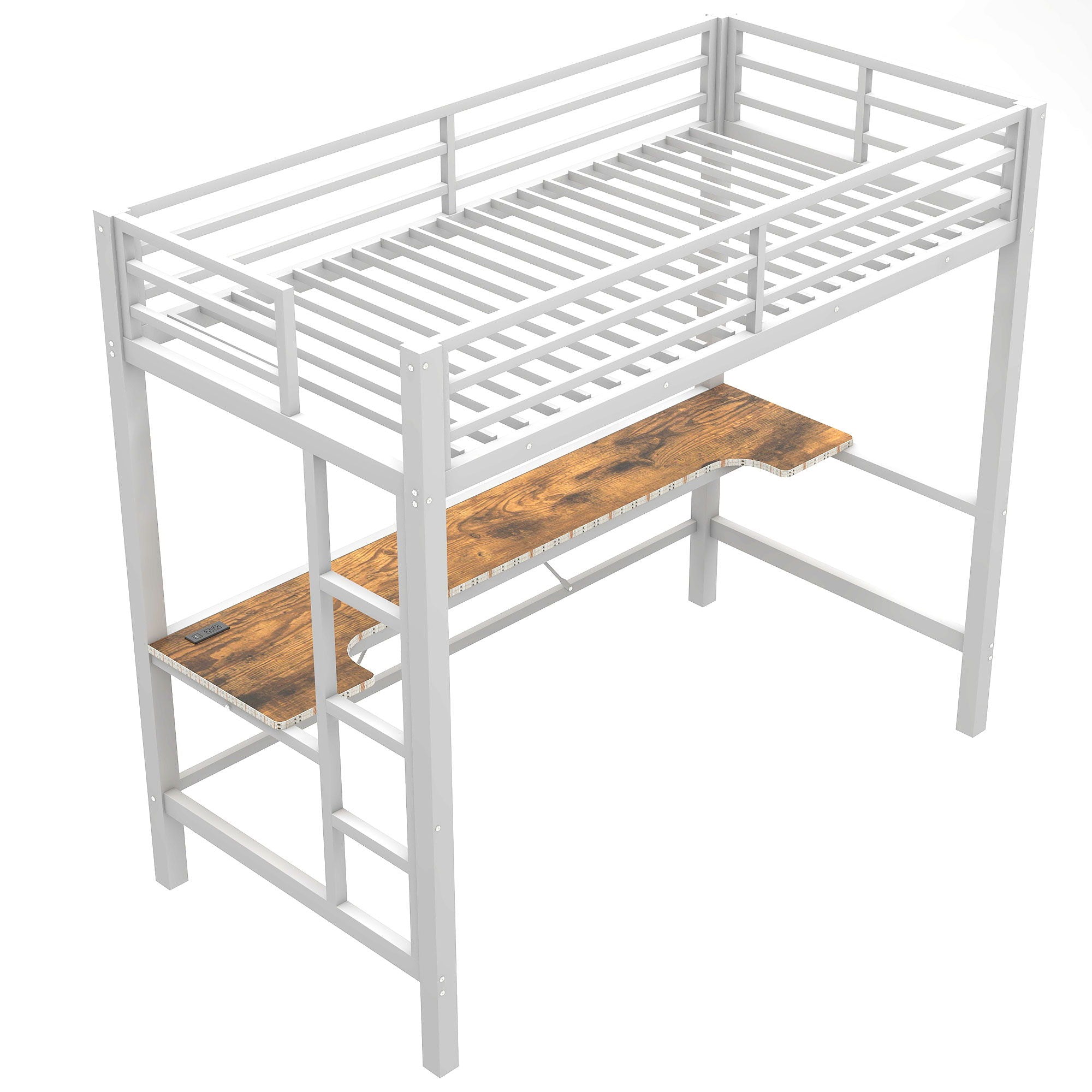 Gaming Metal Loft Bed Frame With LED Light, USB Charge Station And Desk