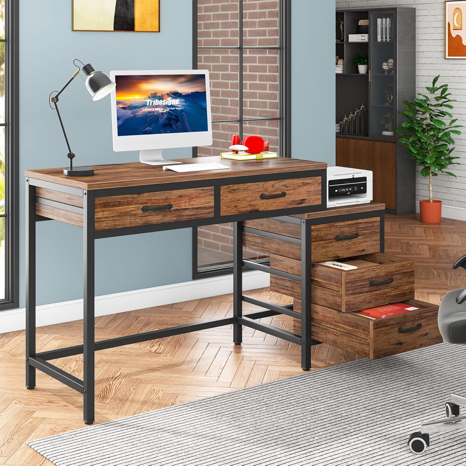 Computer Desk With Reversible 5 Drawer Storage, Frame Writing Table For Small Spaces