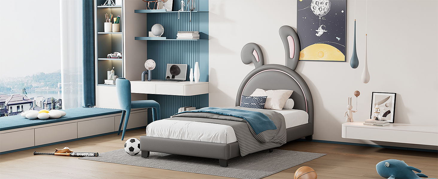 Upholstered Leather Platform Bed With Rabbit Ornament
