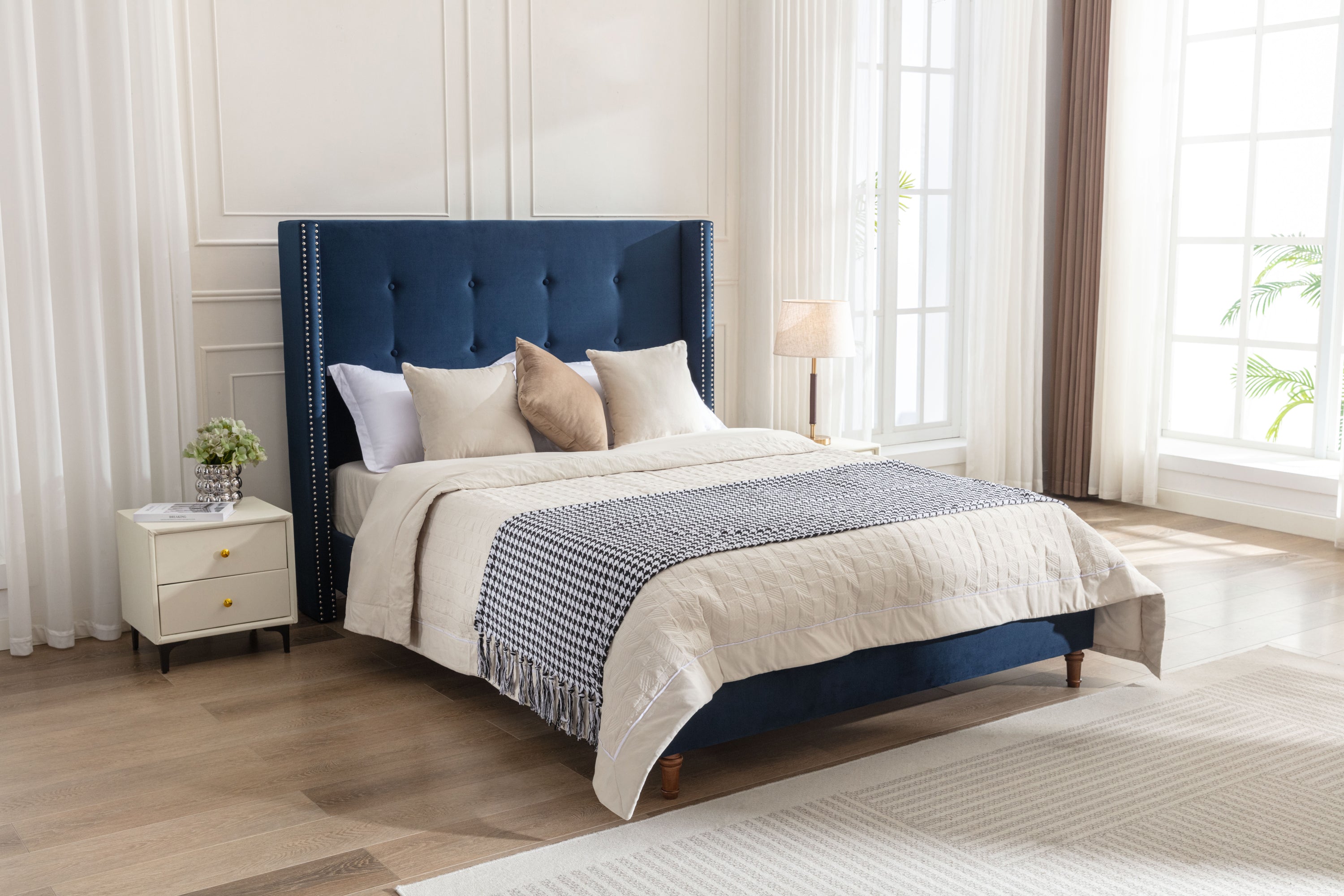 Luxury Wingback Upholstered Bed Frame – King or Queen Sizes, Ivory or Navy Fabric