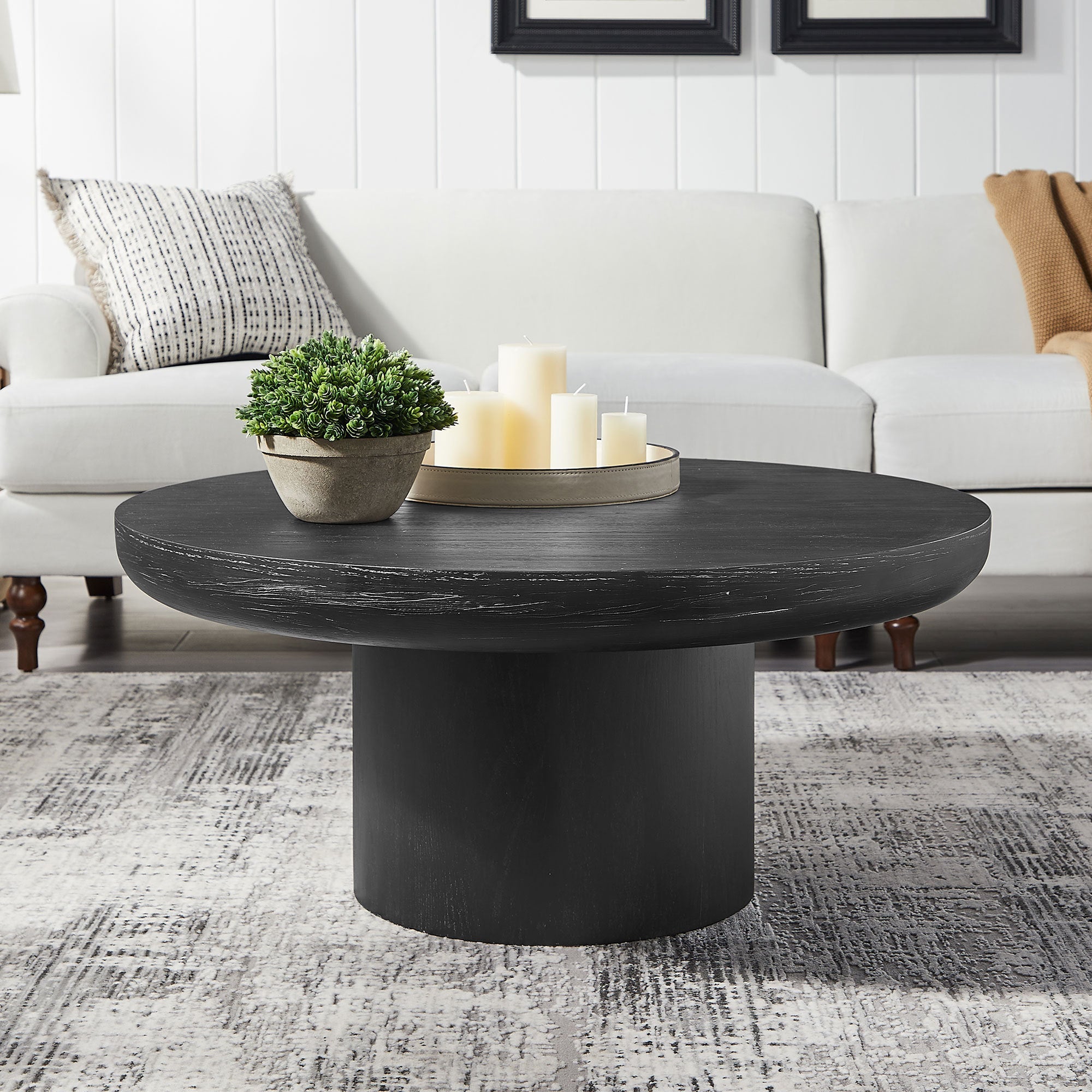 35.98 Inch Round Coffee Table with Cylindrical Black Legs