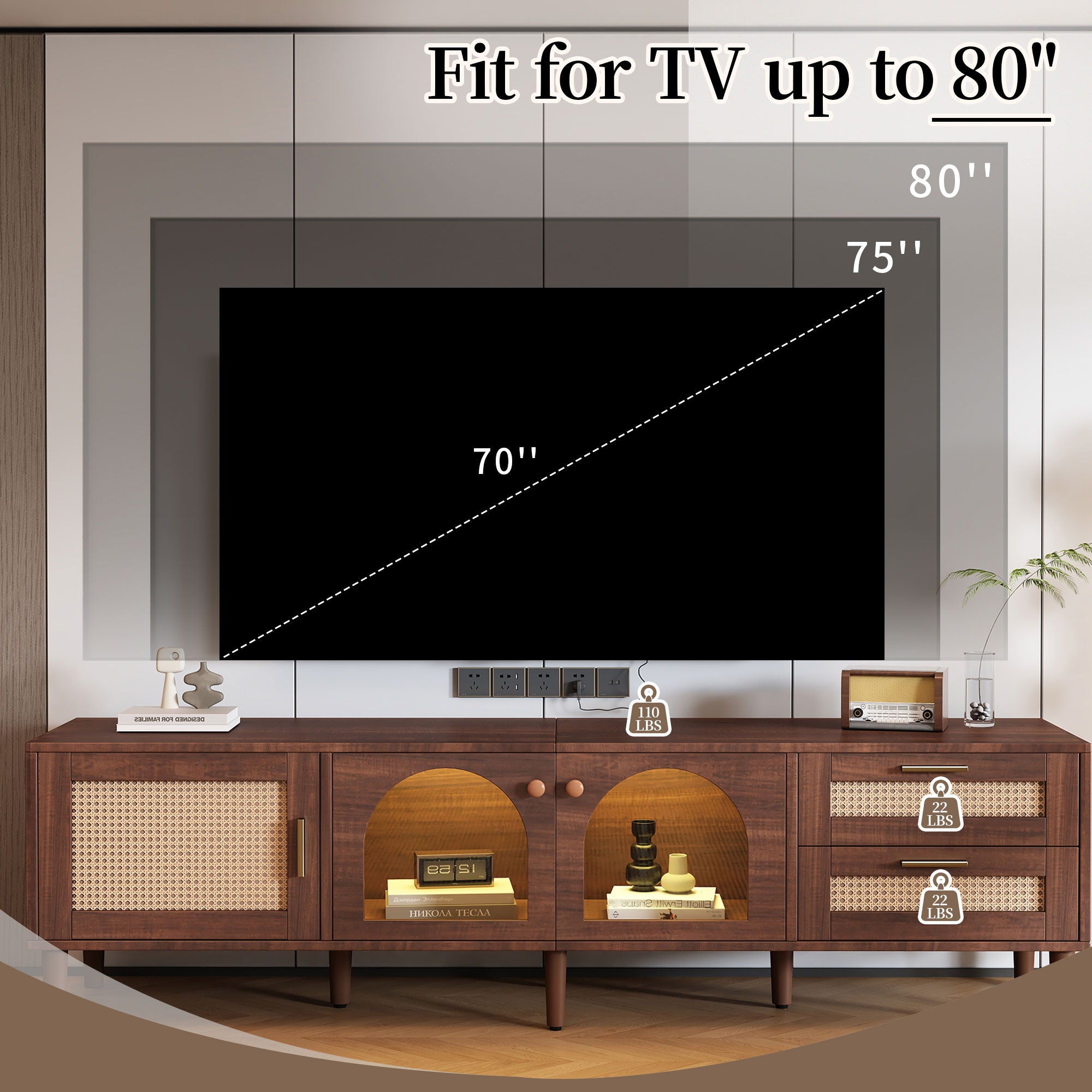 TV Stand With App-Controlled LED Lights, 2 Drawers & Door Storage