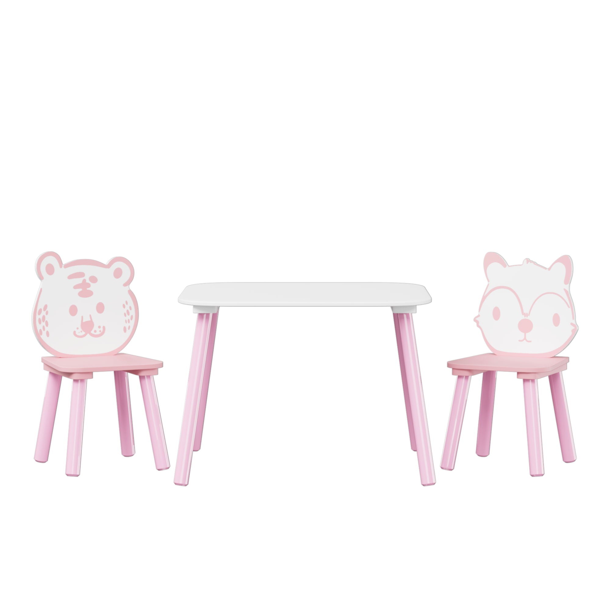 Table And Chair Set, 3 Piece Wooden Toddler Desk With Animal Backrest - Pink / White