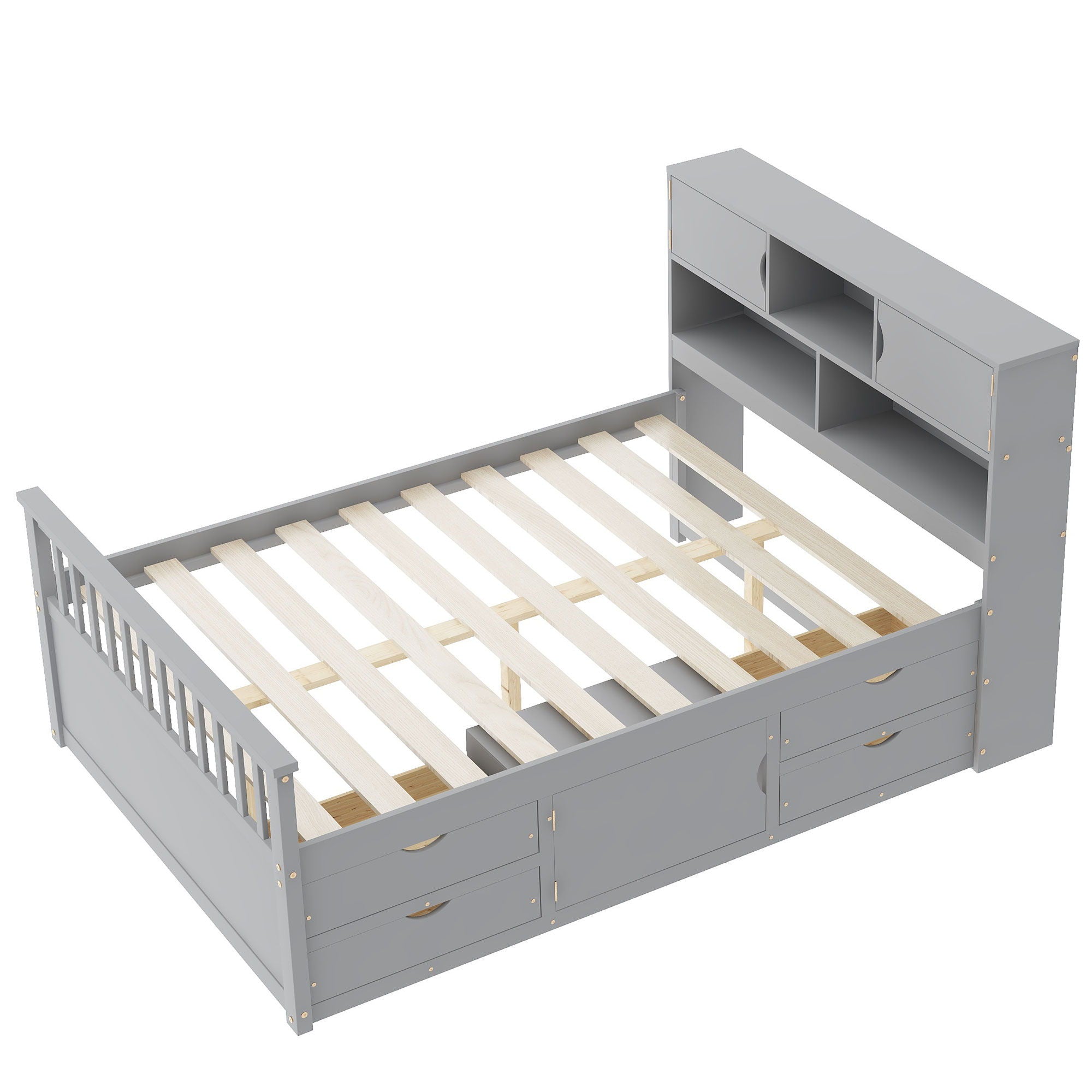 Captain Platform Bed Frame With Bookcase Headboard, 4 Drawers, Storage Shelves