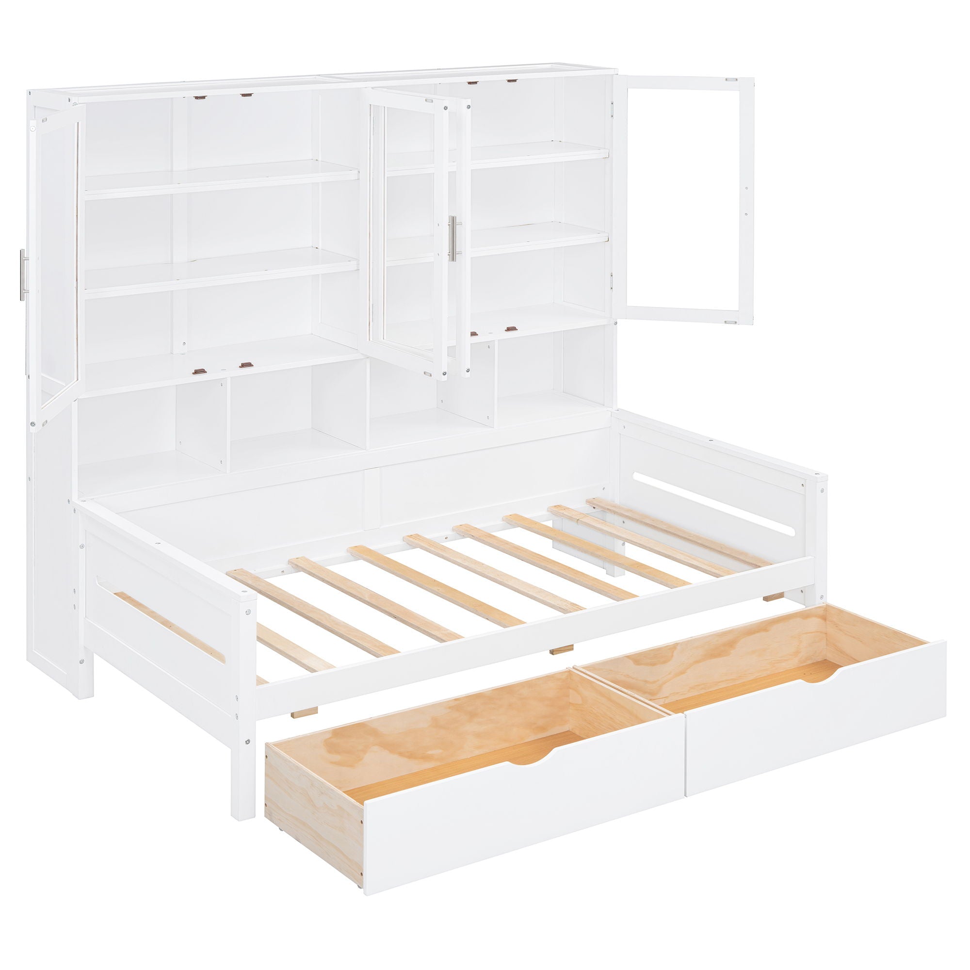 Daybed With Glass Door Storage Cabinets, Built In LED Lighting And Shelves