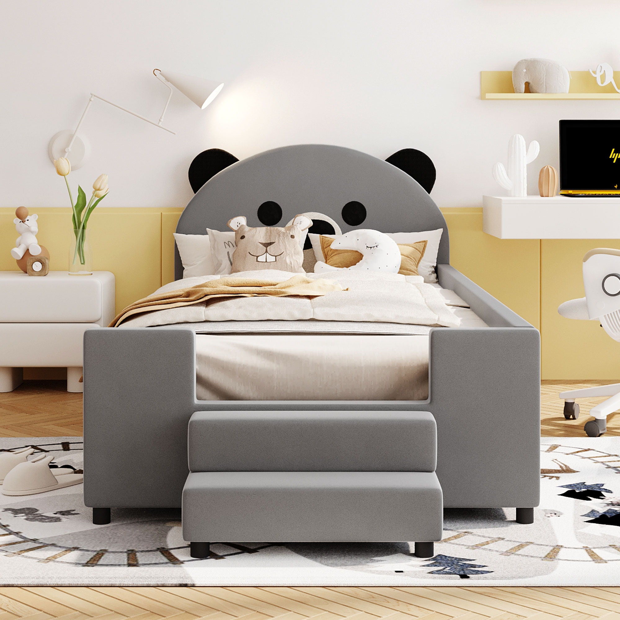 Upholstered Daybed With Bear Shaped Headboard, Hydraulic System And Breathable Mesh Fence