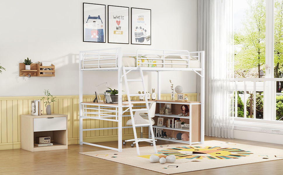 Loft Bed & 3 Layers Of Shelves And L-Shaped Desk