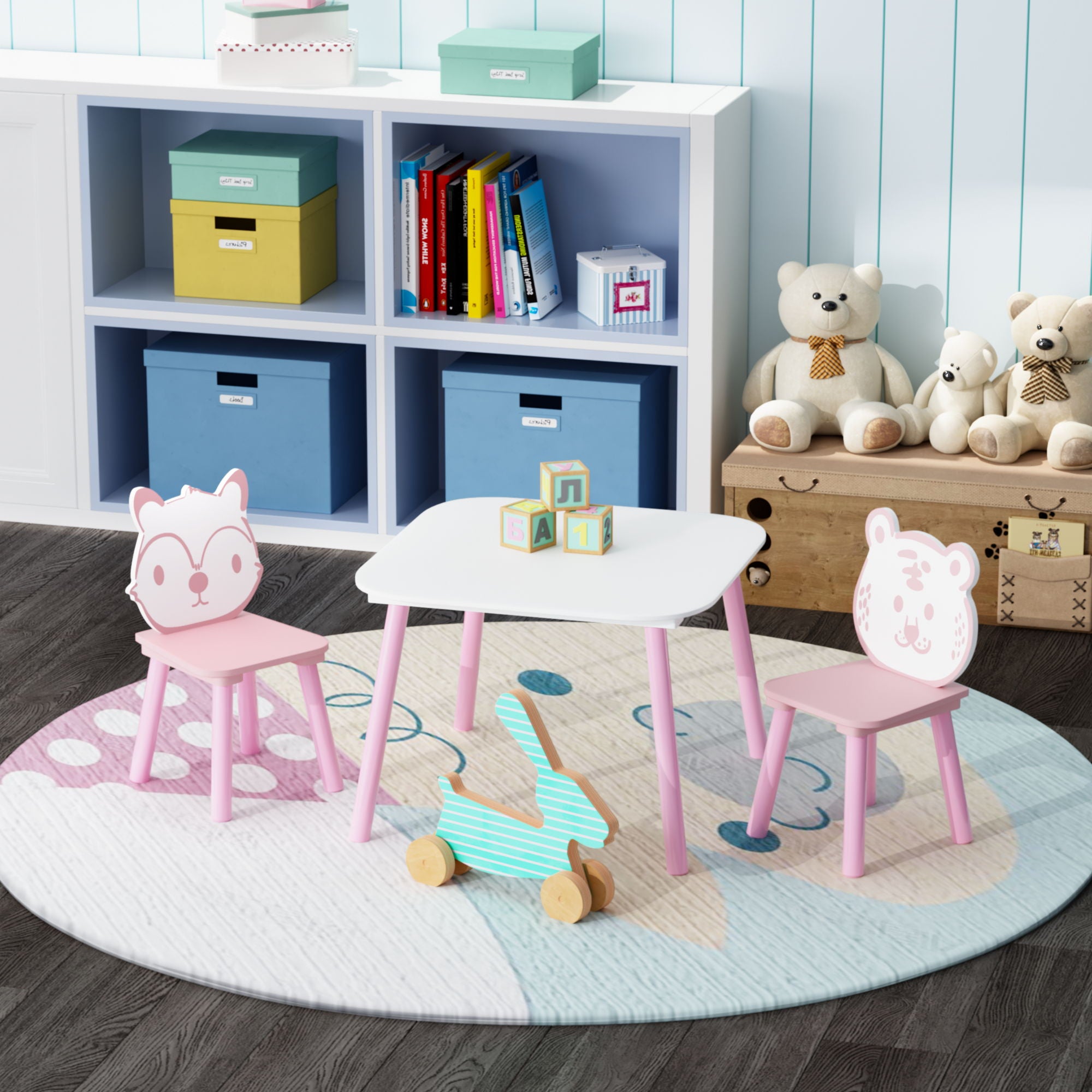 Table And Chair Set, 3 Piece Wooden Toddler Desk With Animal Backrest - Pink / White